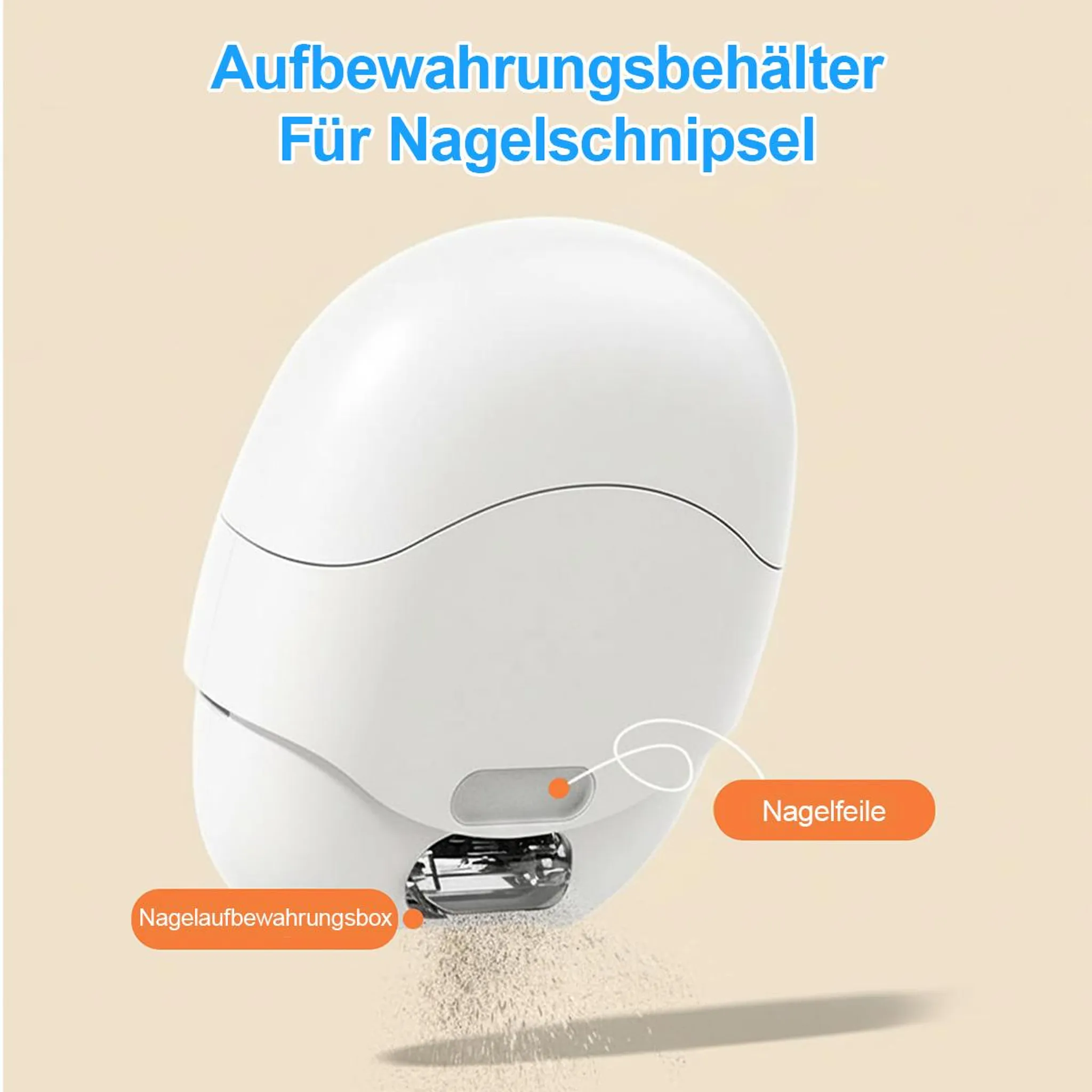 Ein weißer elektrischer Nagelknipser sammelt Nagelstaub in einer Box.
