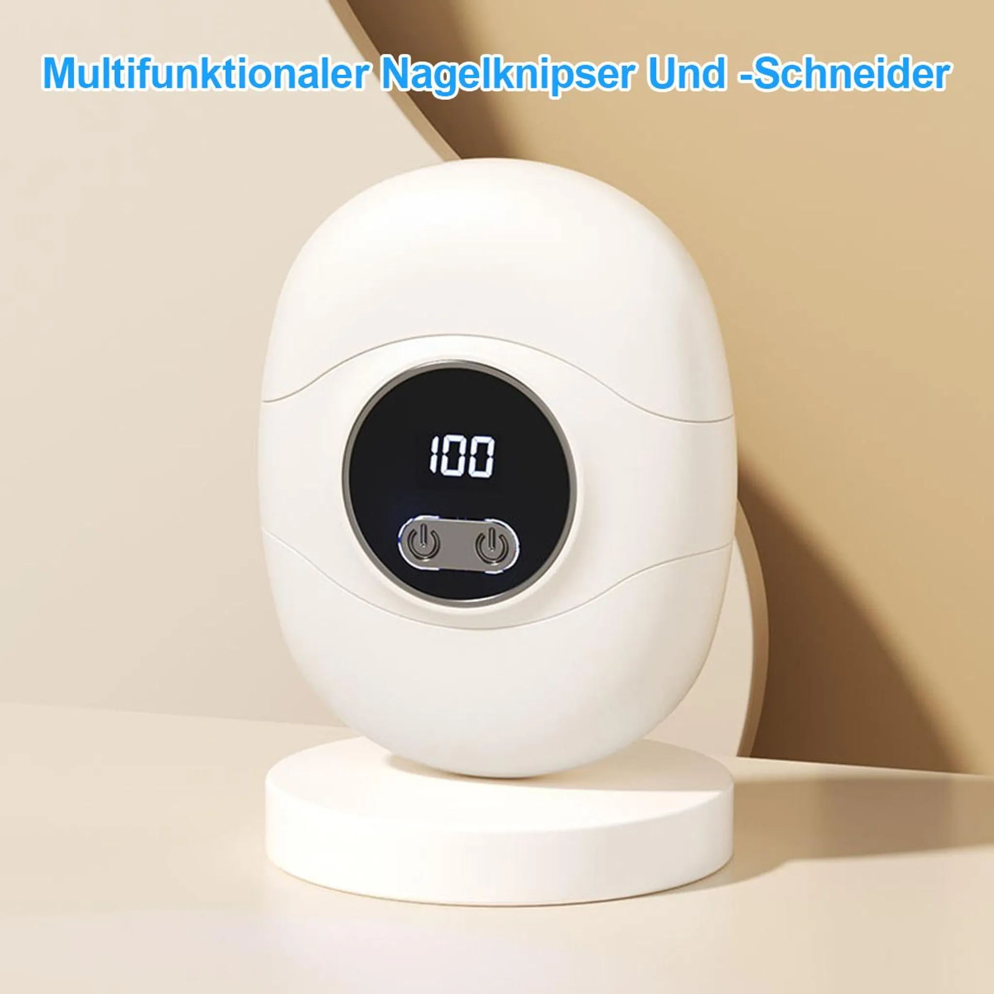 Ein weißes, oval geformtes Gerät mit einem digitalen Display und zwei Power-Knöpfen.