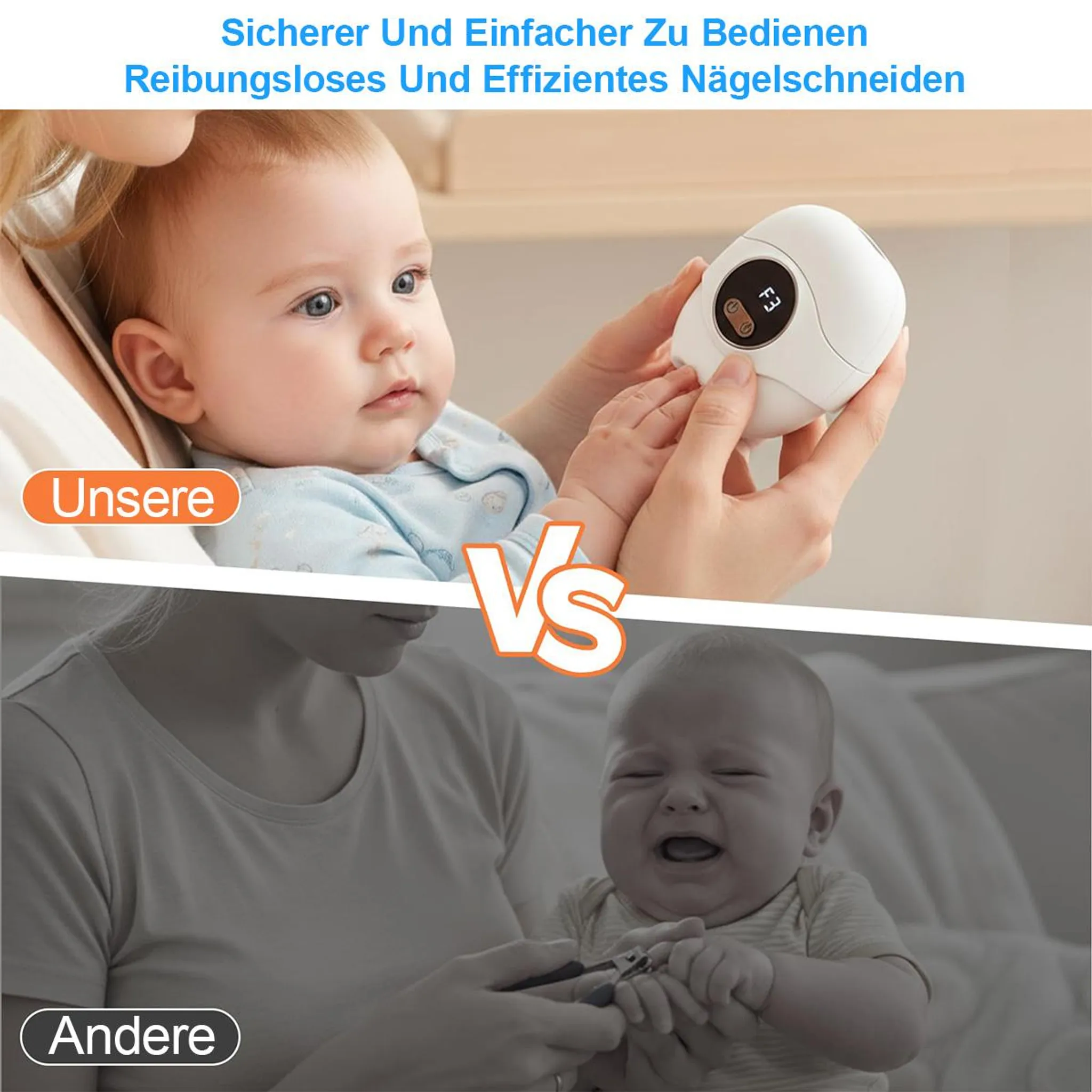 Oben: Baby mit elektrischem Nageltrimmer. Unten: Baby weint bei Nagelknipser-Nutzung.