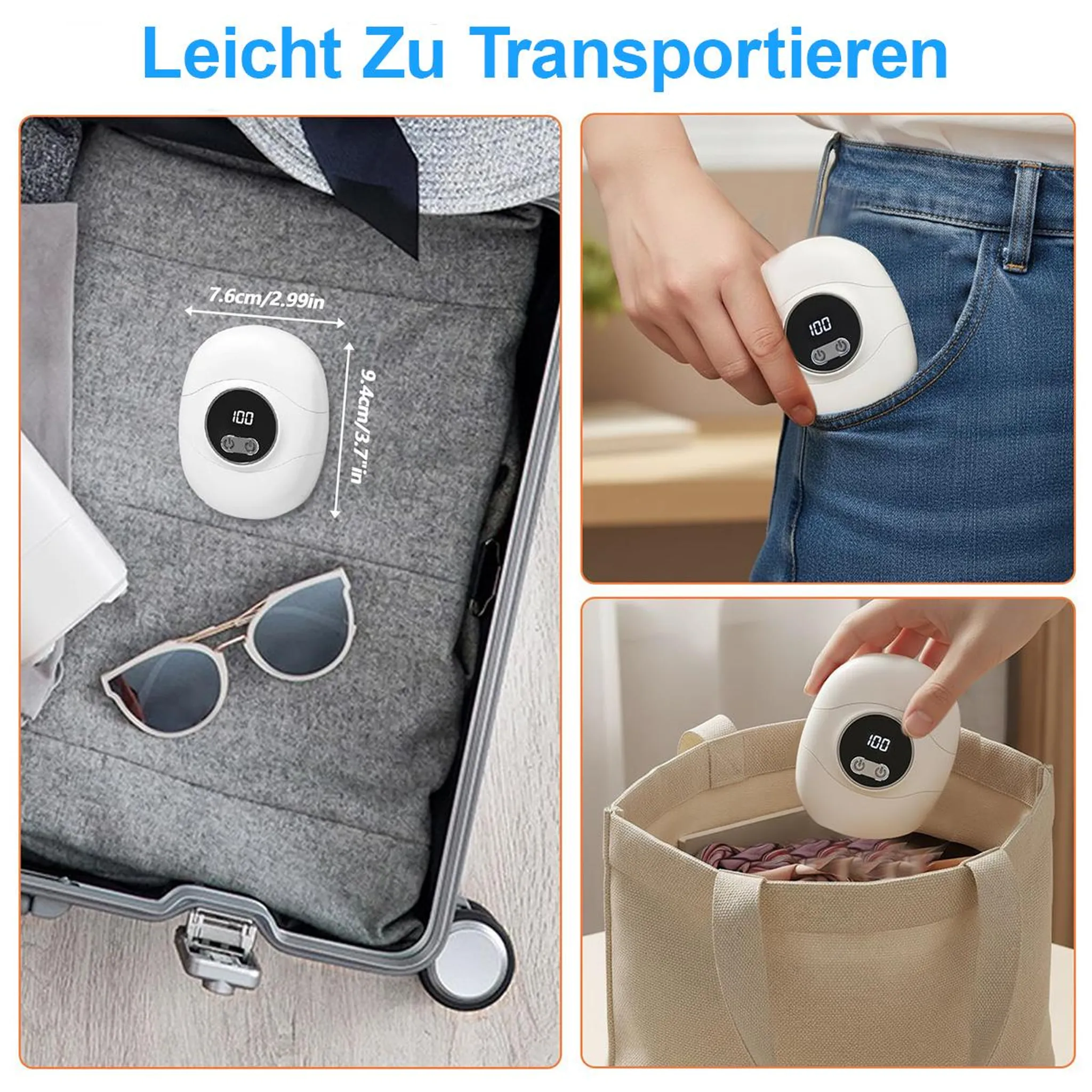 Ein weißes Gerät wird in eine Tasche gelegt. Maße 7.6x9.4cm.