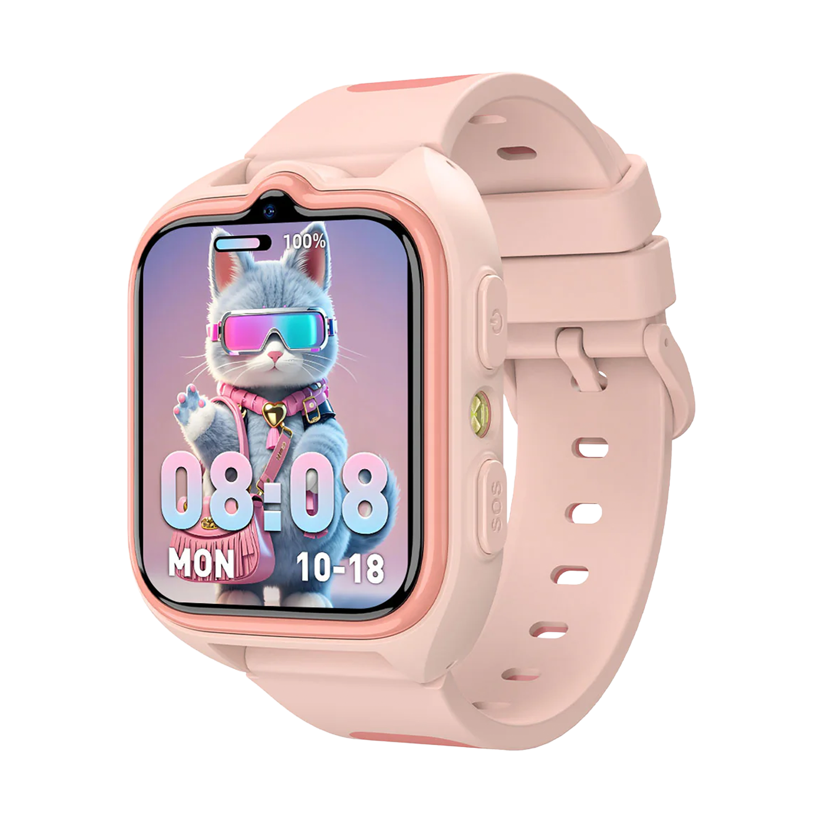 Uno smartwatch rosa con un gatto dei cartoni animati che indossa occhiali sullo schermo.