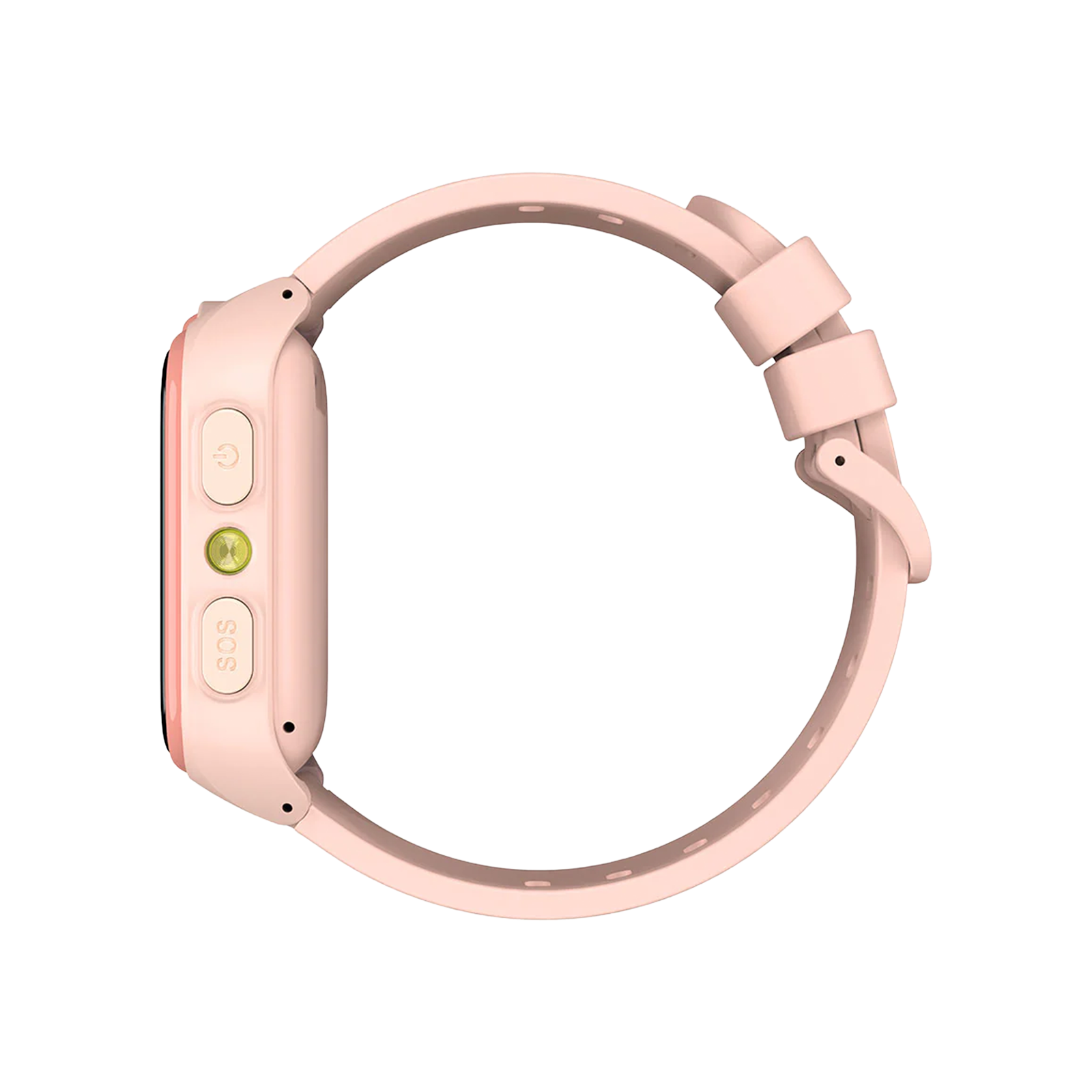 Uno smartwatch rosa con pulsante SOS e pulsante di accensione.