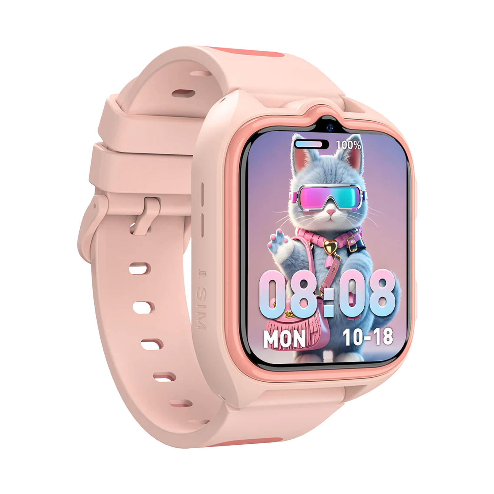 Uno smartwatch rosa che mostra l'immagine di un gatto giocoso con l'ora 08:08.