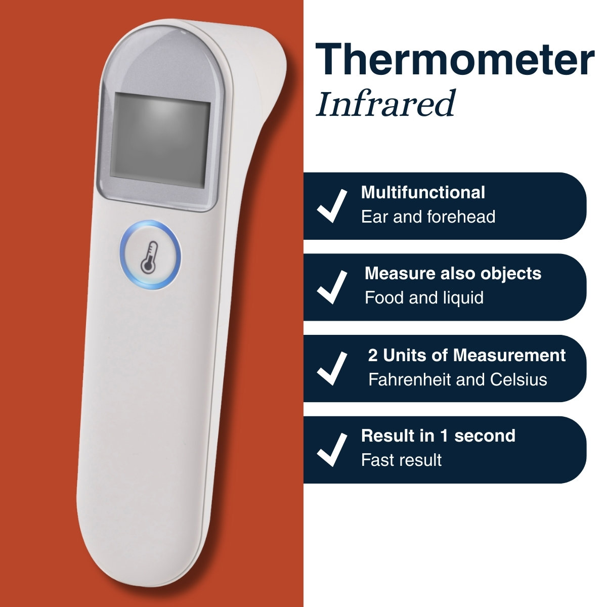A white infrared thermometer with a screen and a blue temperature indicator.