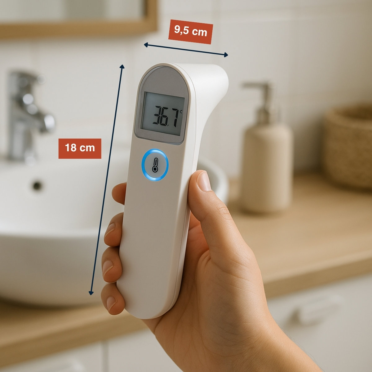 Person holding a white digital thermometer showing 36.7 degrees.