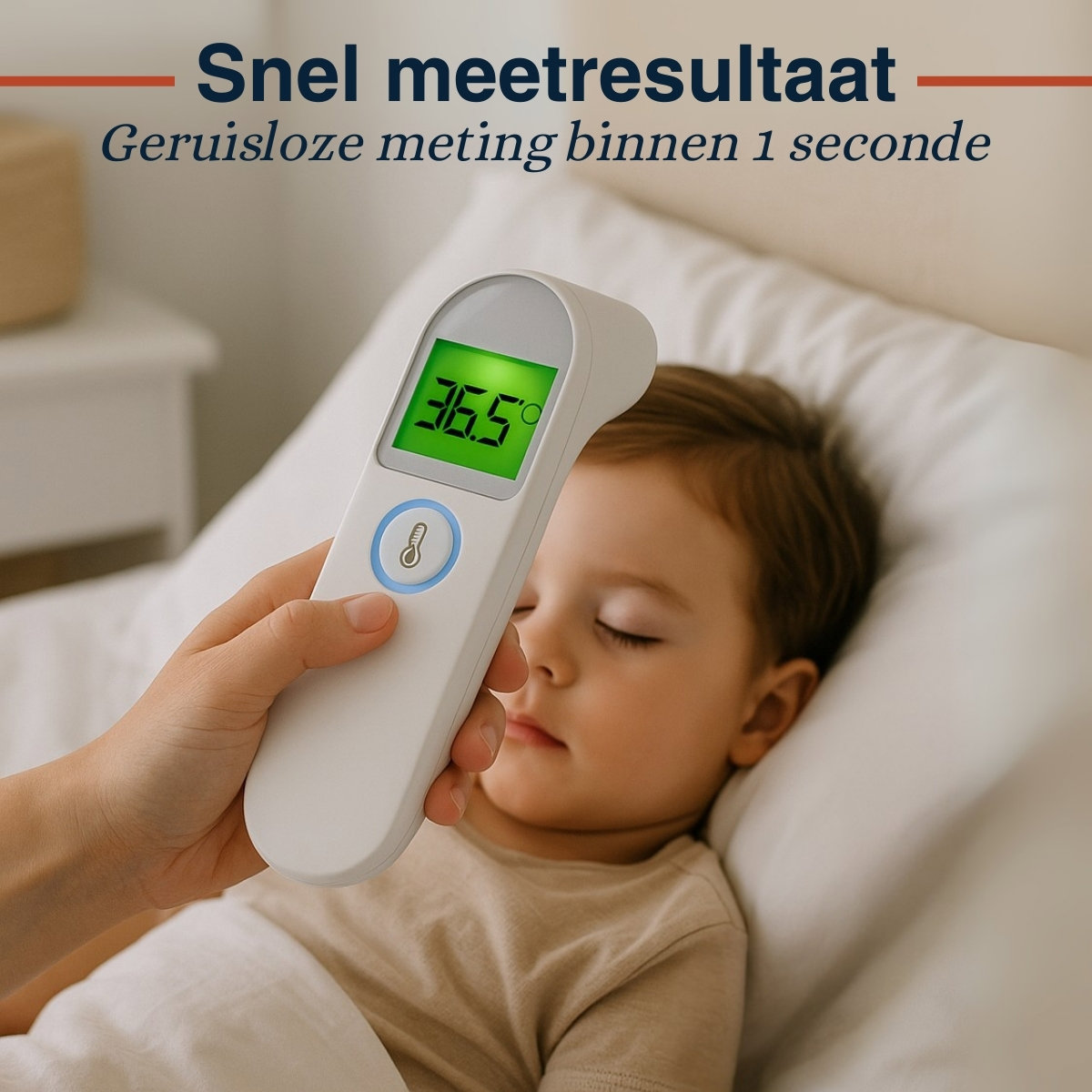A thermometer shows 36.5°C. A child sleeps in bed.