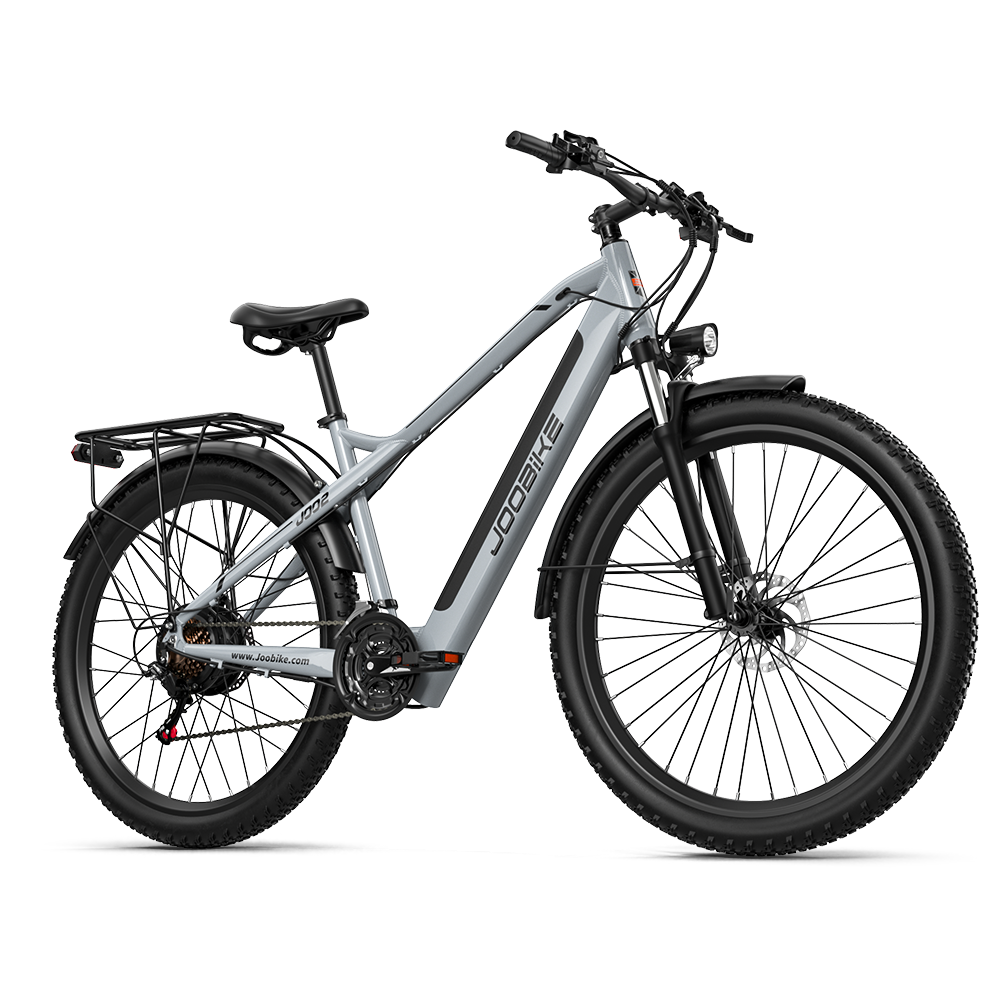 Graues Elektrofahrrad mit schwarzem Gepäckträger und breiten Reifen.