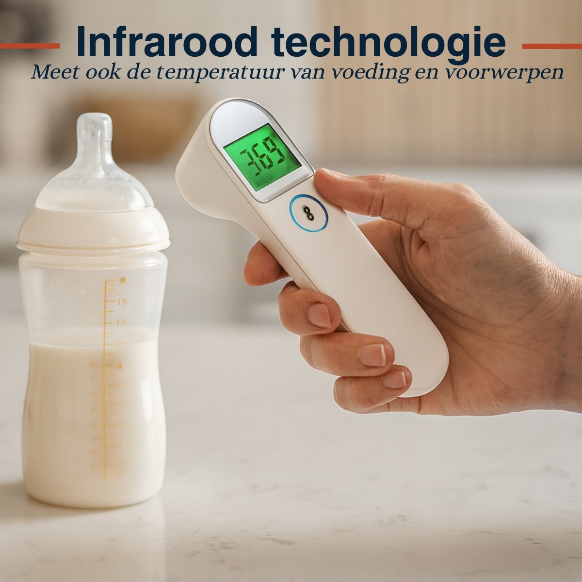 A hand holds a thermometer over a baby bottle filled with milk.