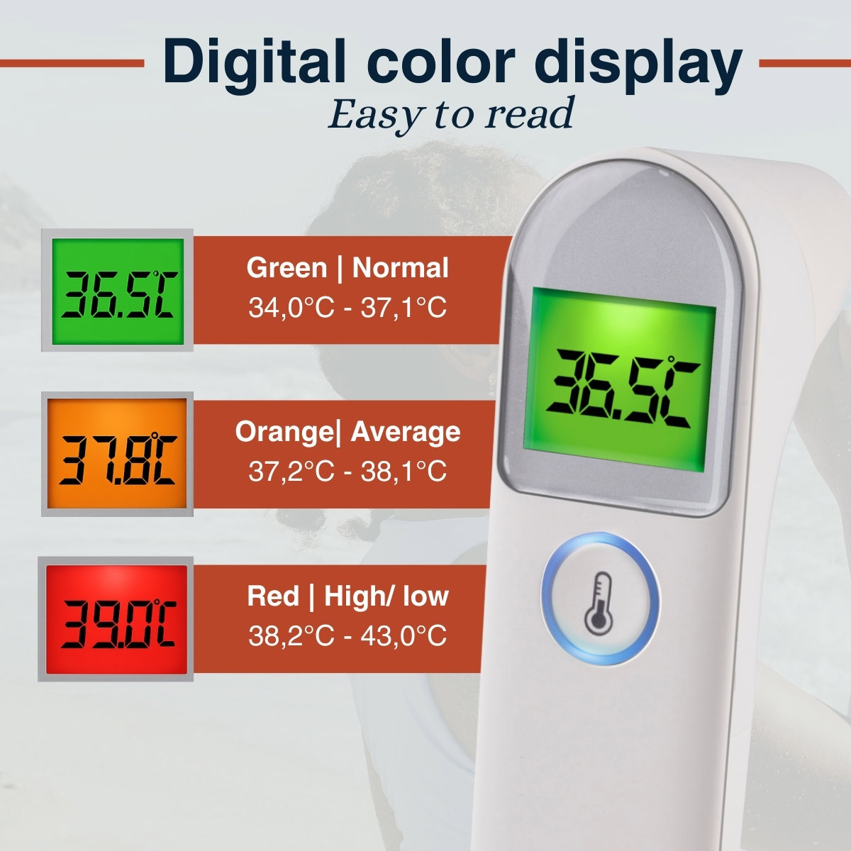 Digital color display shows temperatures: Green for normal, Orange for average, Red for high/low.