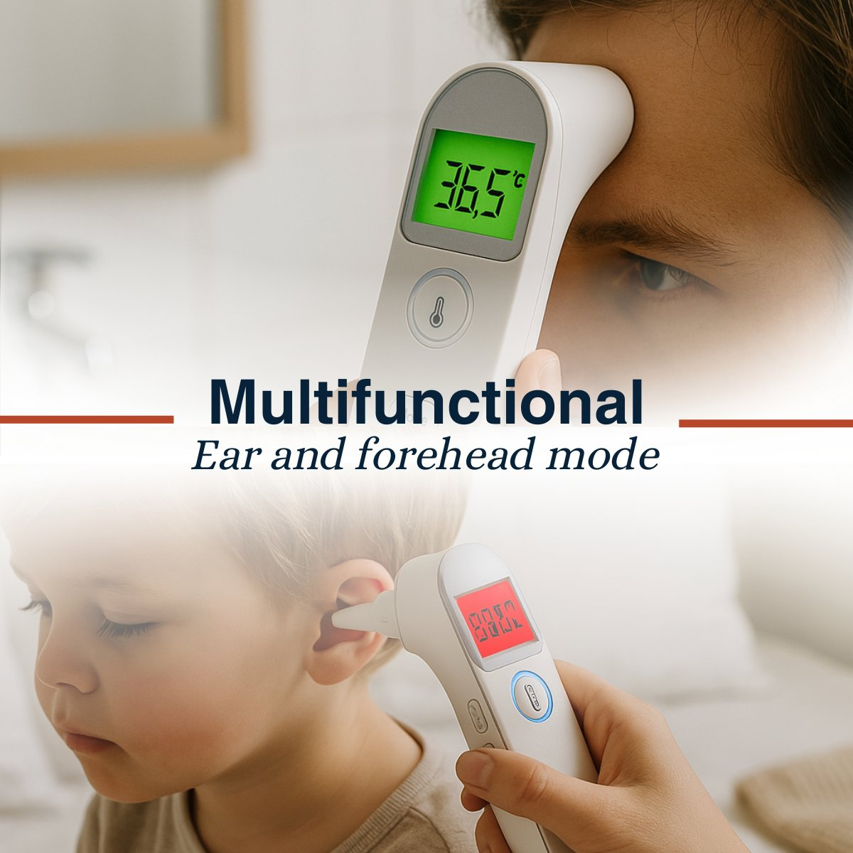 A thermometer measures forehead and ear temperature, showing green and red displays.