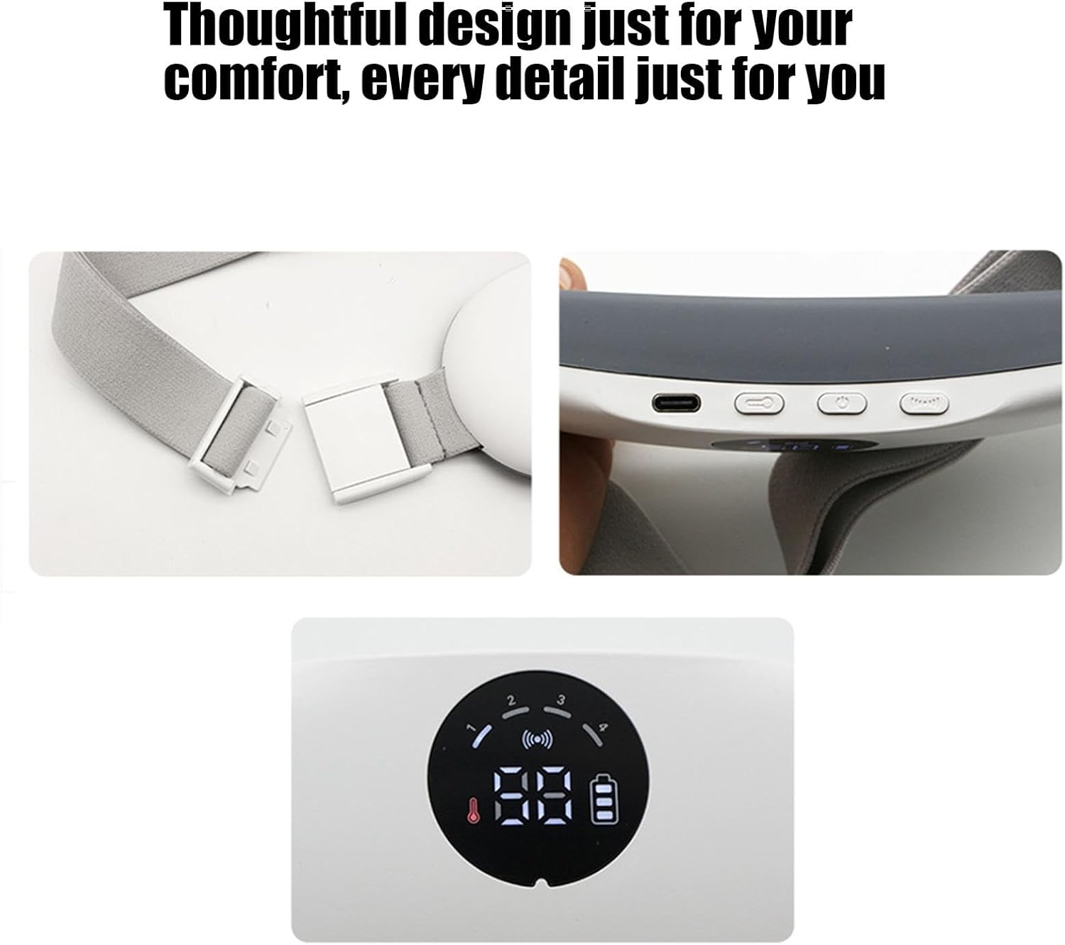 Nahaufnahme eines weißen Geräts mit grauen Gurten, das Schnalle, Knöpfe und ein Digitaldisplay zeigt.