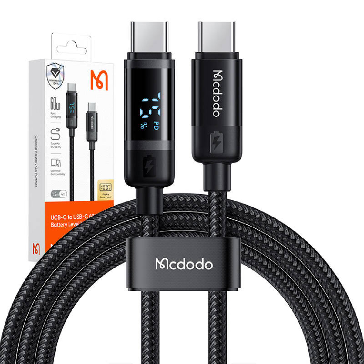 Dijital pil seviyesi göstergeli iki McDodo USB-C - USB-C kablosu.