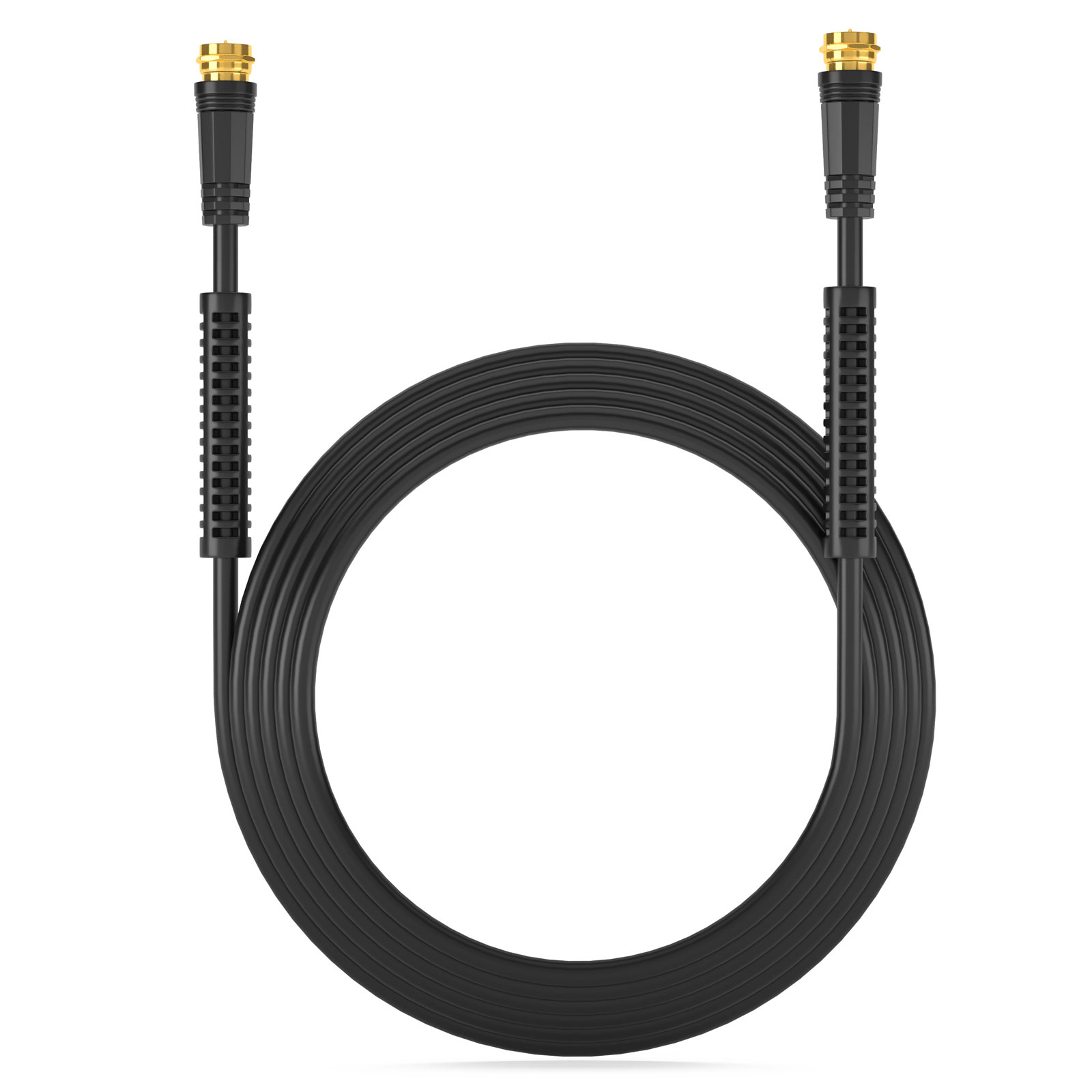 Schwarzes Kabel mit goldenen Anschlüssen, das in einem Kreis liegt.