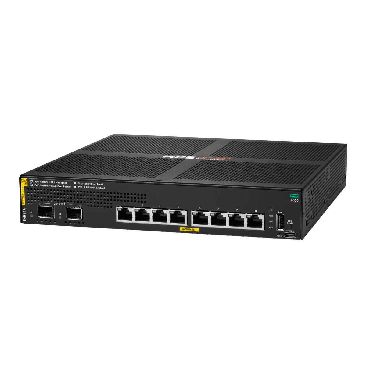 Switch di rete HPE nero con 8 porte 1G BASE-T e 2 porte 1G SFP.