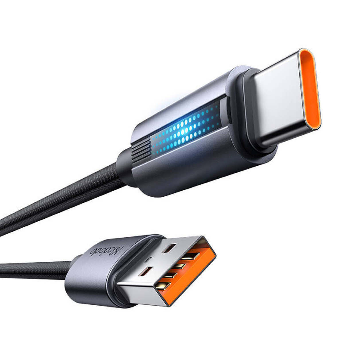 Parlak mavi ışıklı ve turuncu vurgulu USB-A - USB-C kablosu.