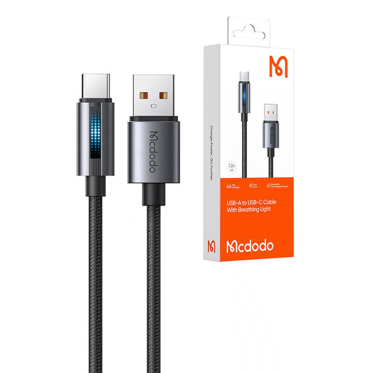 Mavi ışıklı gri USB-A - USB-C kablosu, ambalajının yanında.