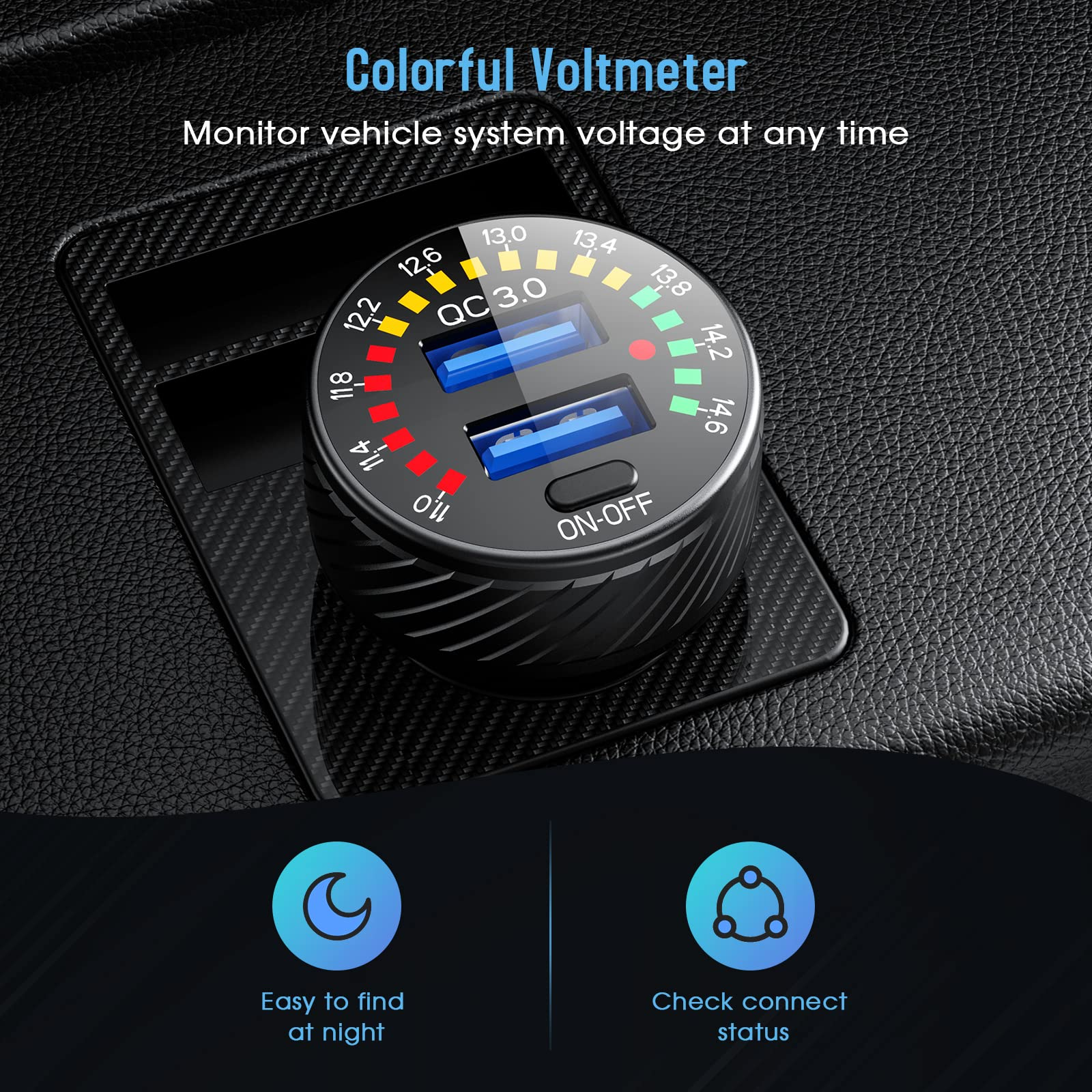Ein bunter Voltmeter mit zwei USB-Anschlüssen im Auto.
