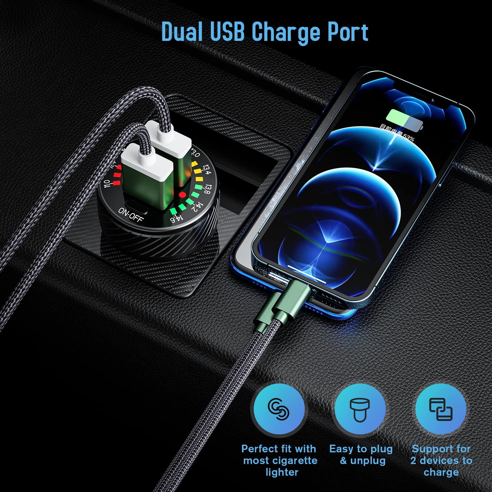 Ein Dual-USB-Ladegerät mit zwei Kabeln und einem iPhone, das lädt.