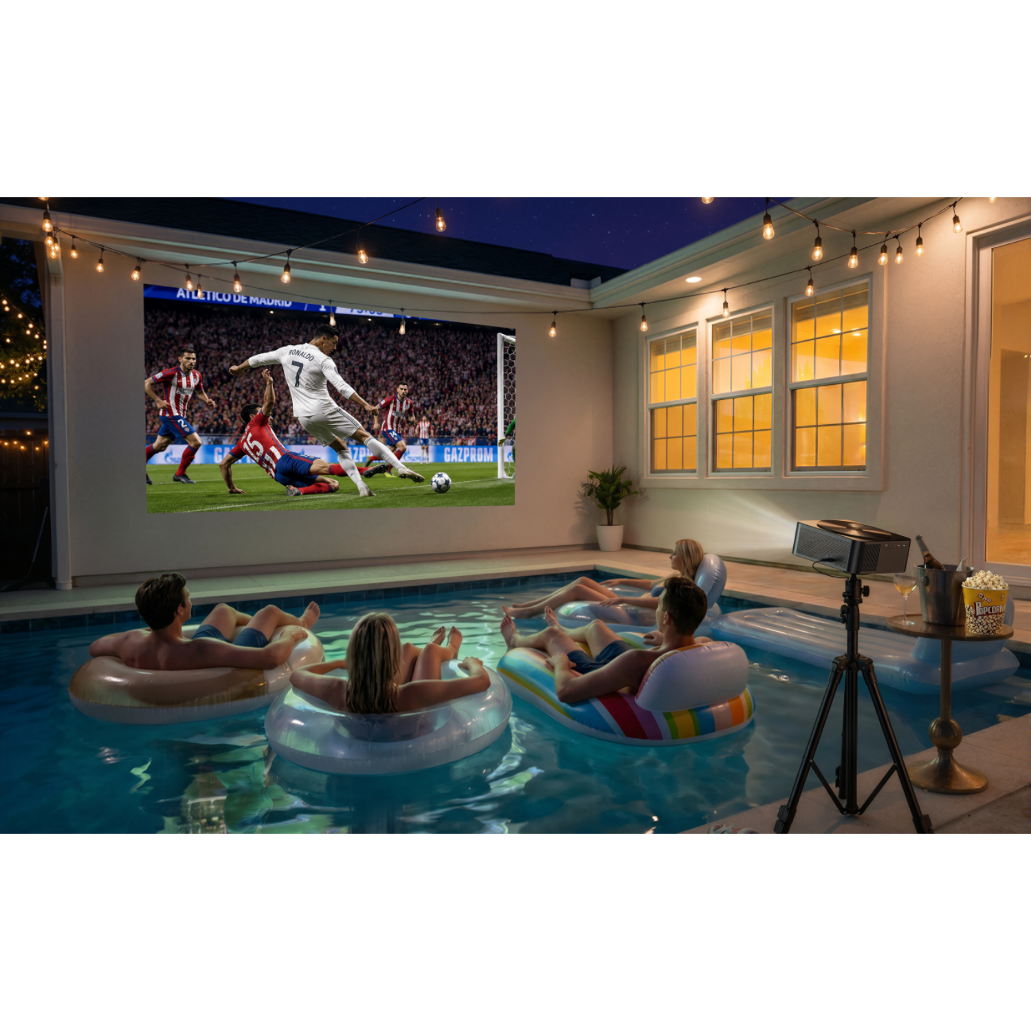 Des gens se détendent dans une piscine en regardant du football sur un écran la nuit.