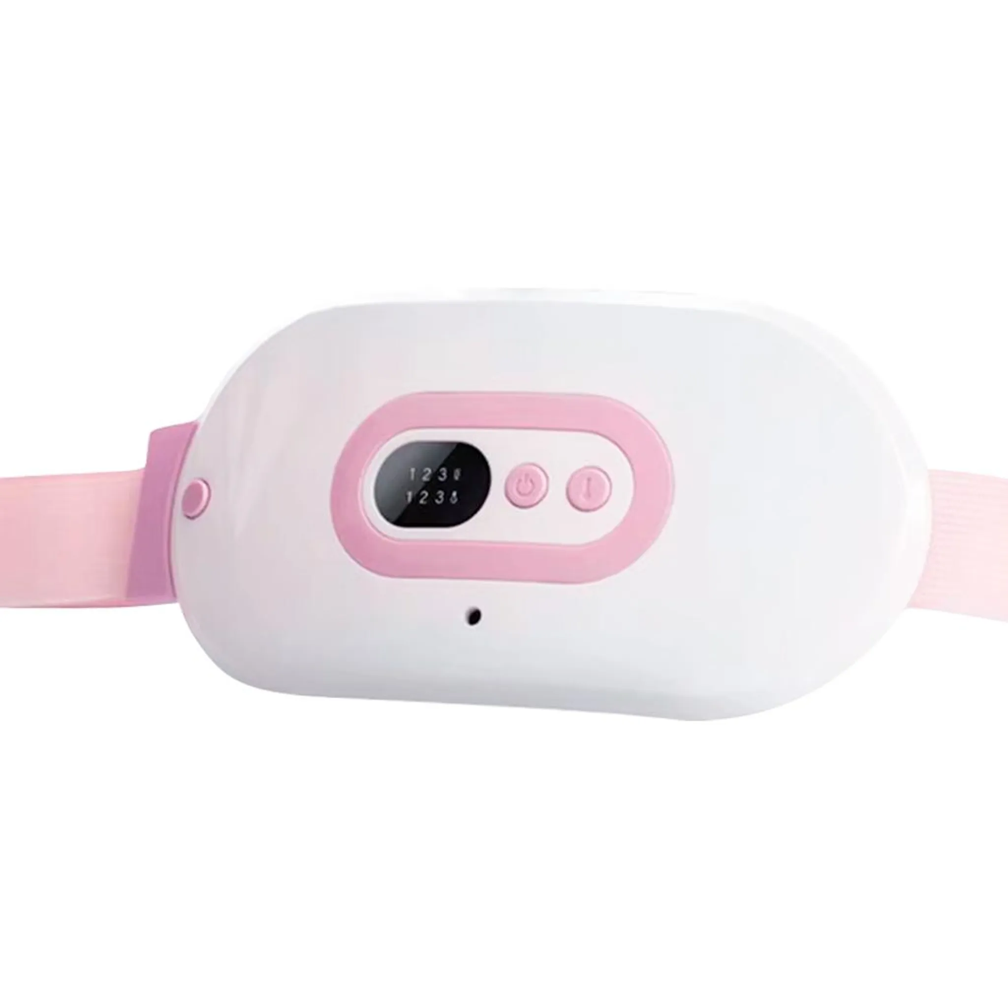 Ein weißes Heizkissen mit rosa Band und digitaler Anzeige.