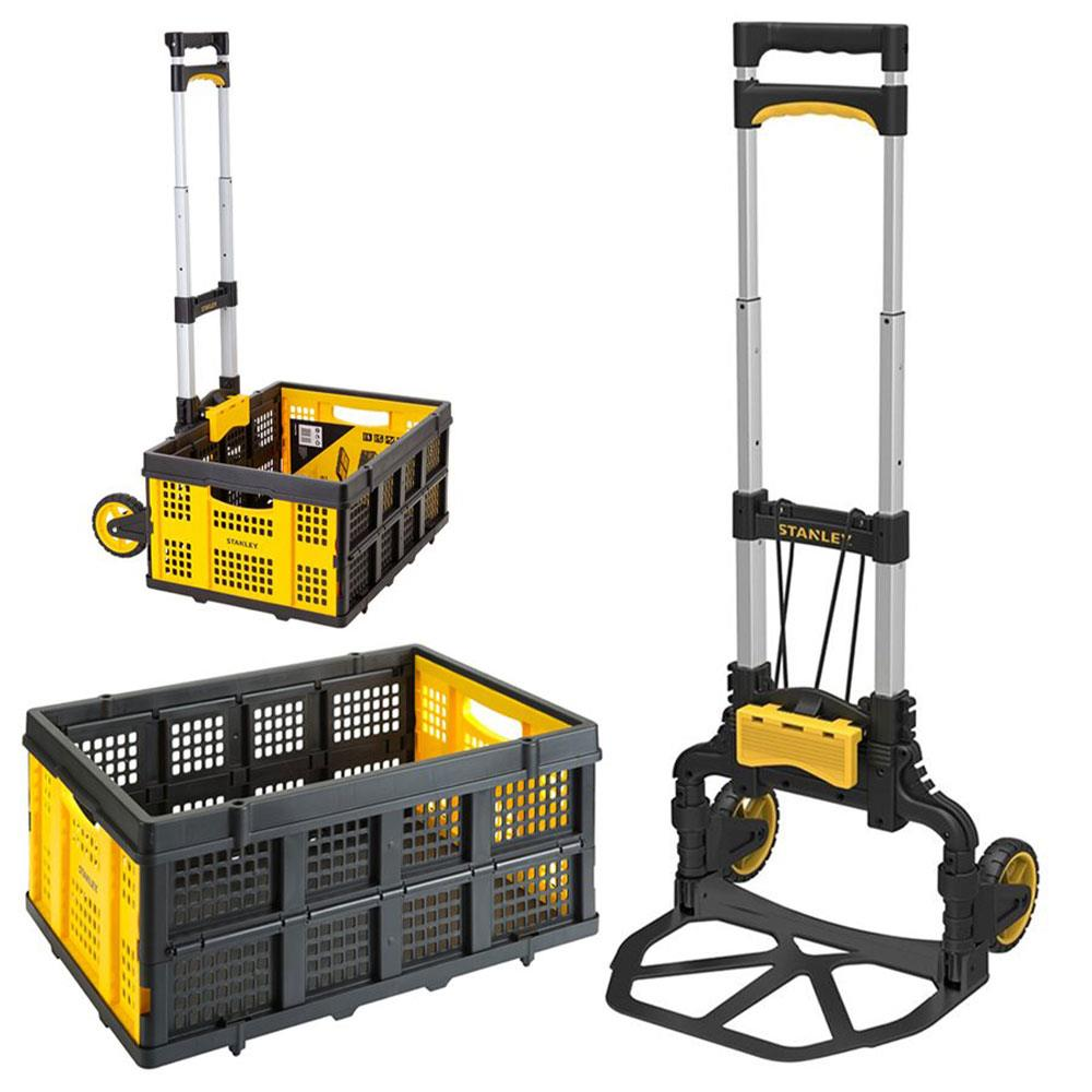 Un carrello a rotelle giallo e nero con due contenitori. Un contenitore è aperto, l'altro è piegato.