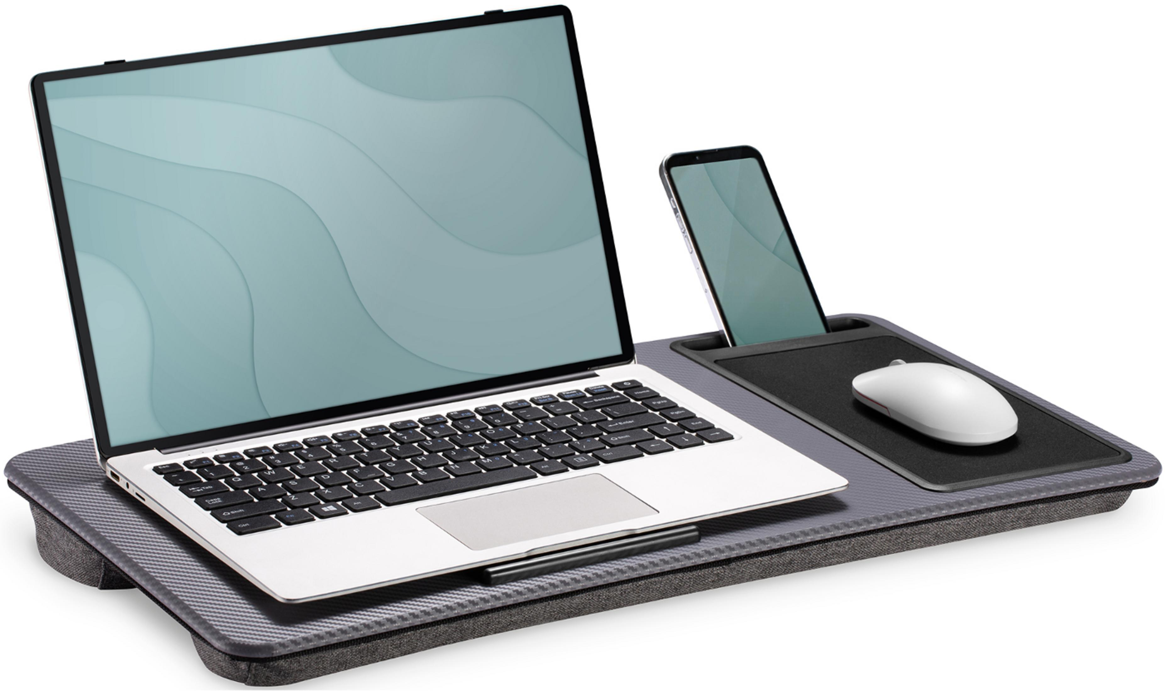 Laptop mit Smartphone und Maus auf einem Kissenständer.