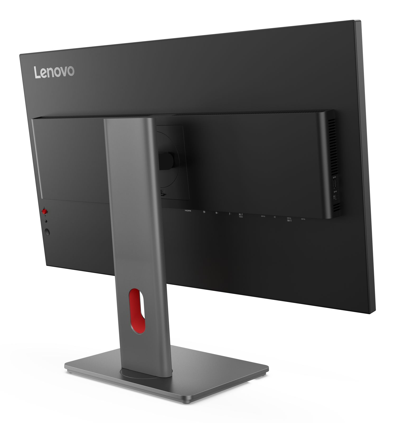 Vista posteriore di un monitor Lenovo nero con base grigia e accenti rossi.