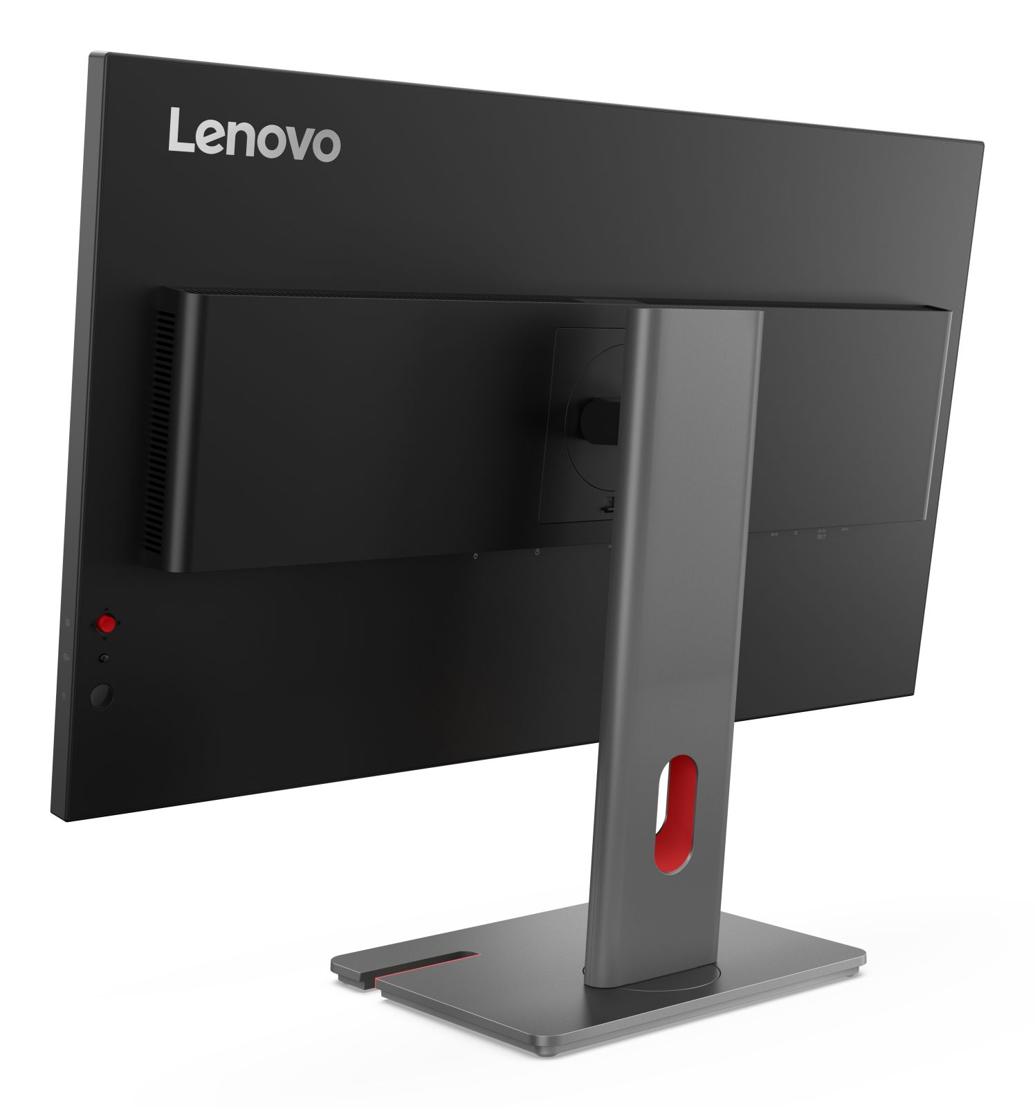 Vista posteriore di un monitor Lenovo nero con base grigia e taglio rosso.