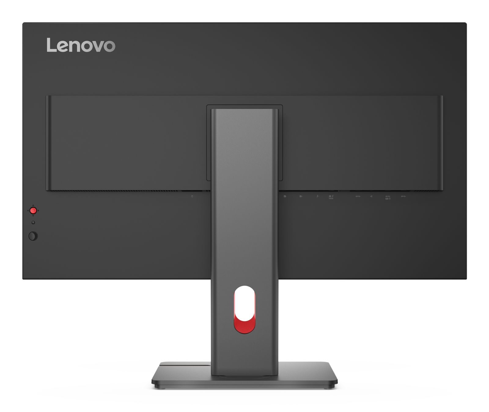 Retro di un monitor Lenovo nero con supporto argento e accenti rossi.