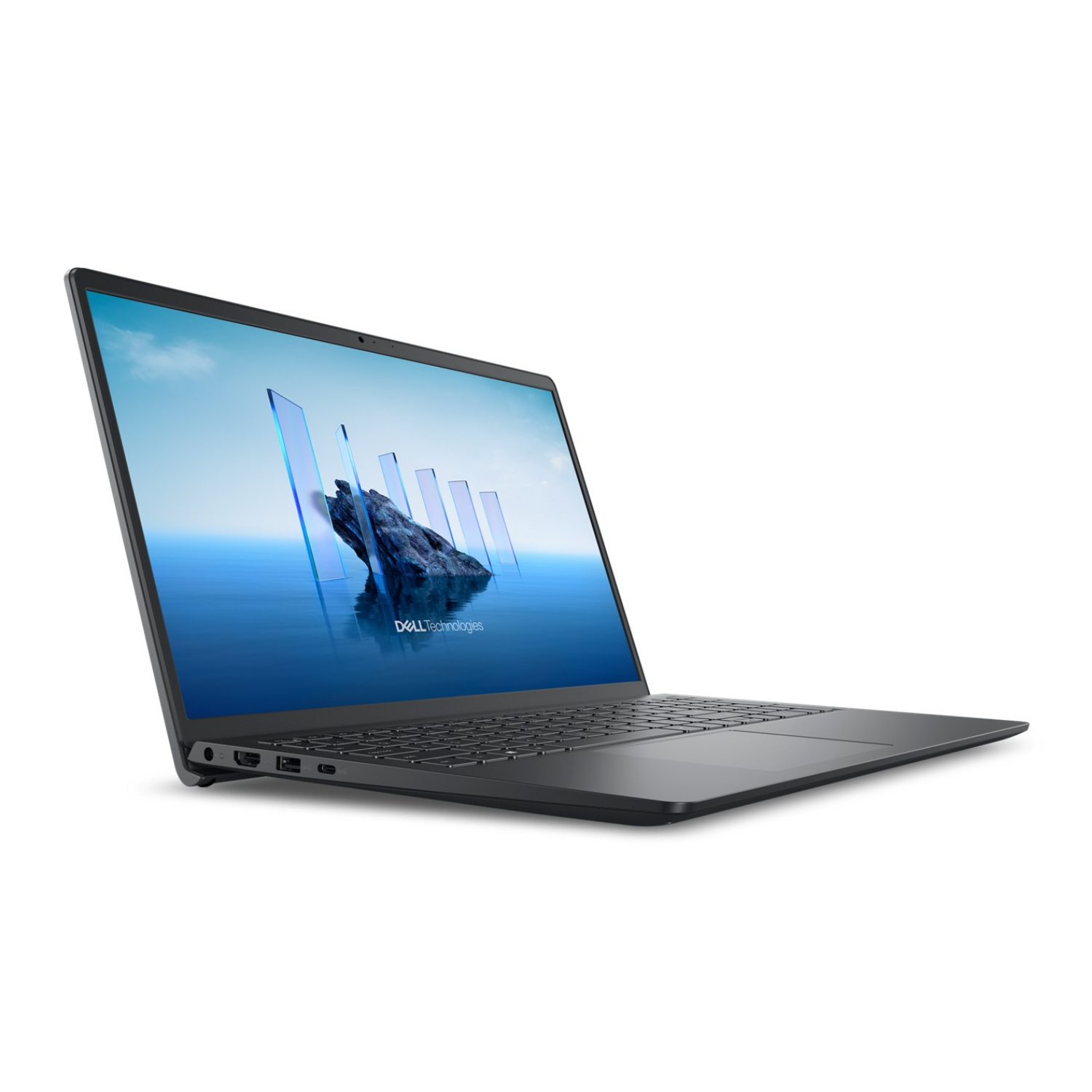 Ein offener schwarzer Dell Laptop mit abstrakter blauer und grauer Grafik auf dem Bildschirm.