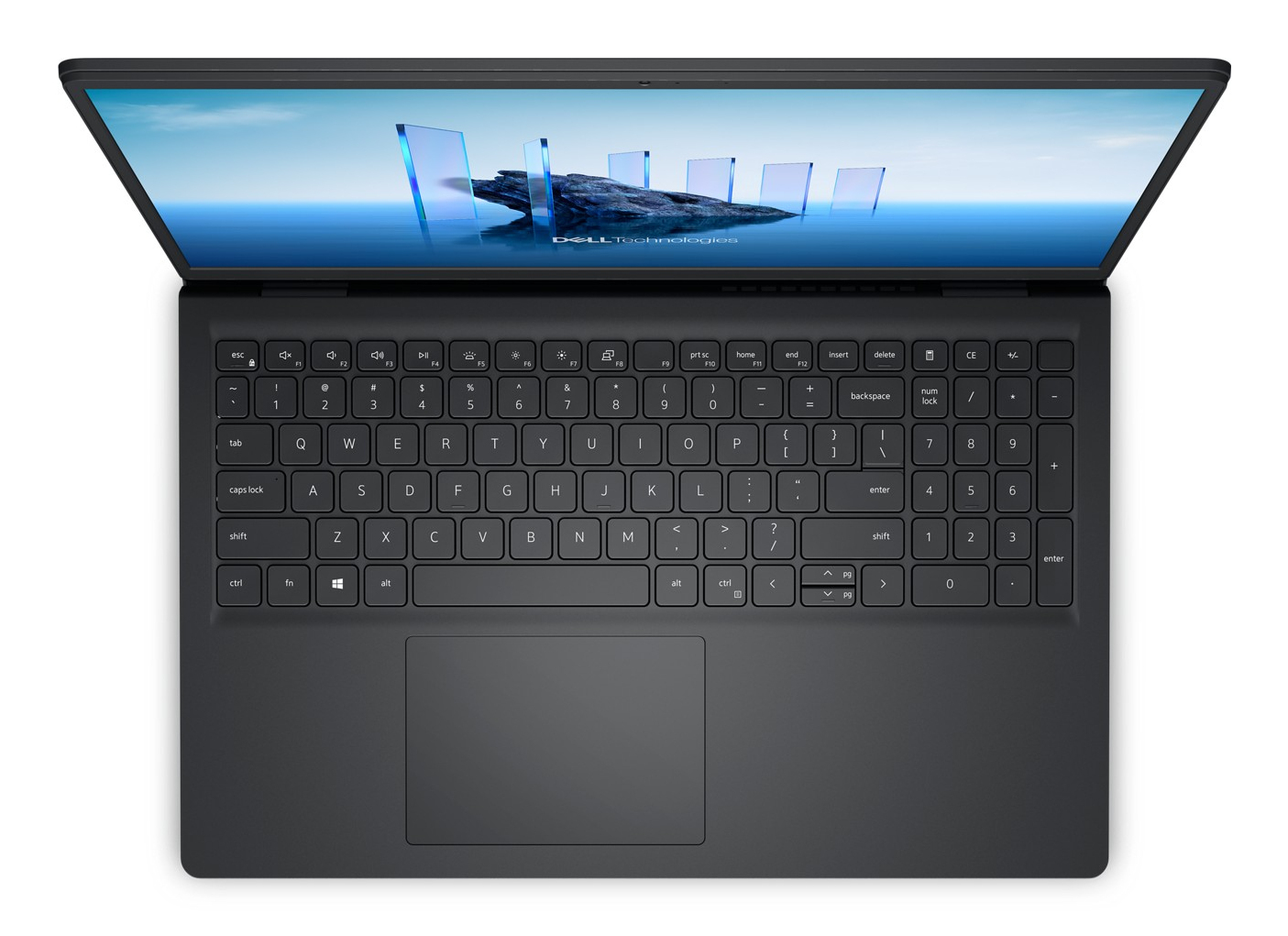 Ein dunkler Laptop mit geöffnetem Bildschirm, der eine abstrakte Landschaft zeigt.