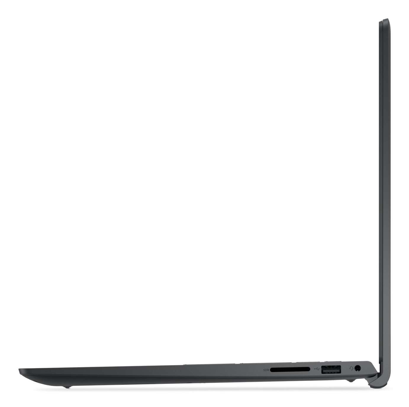 Seitenansicht eines dunklen Laptops mit SD-Kartensteckplatz, USB-Anschluss und Kopfhörerbuchse.