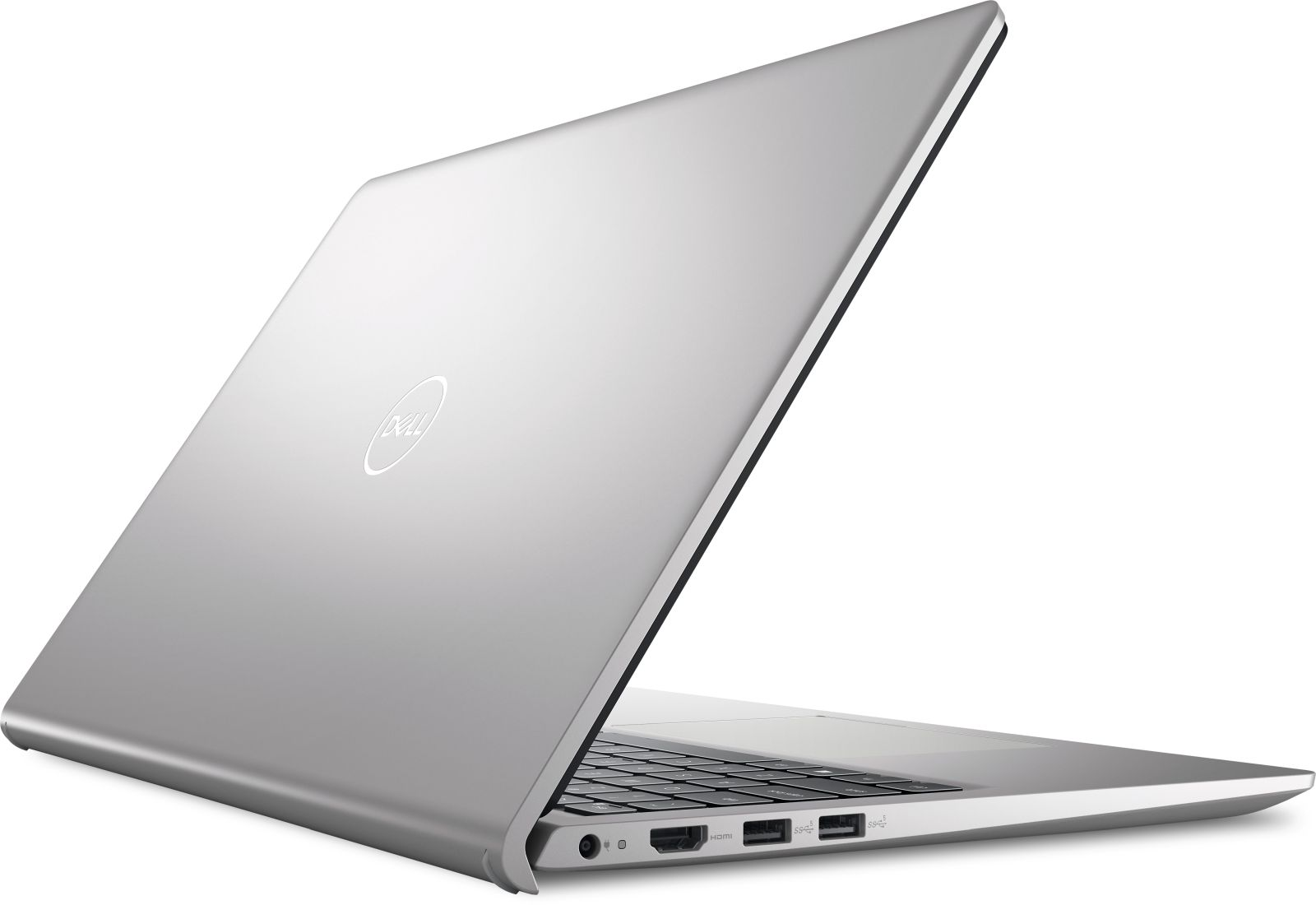 Un laptop Dell argentato è aperto, mostrando tastiera e porte.