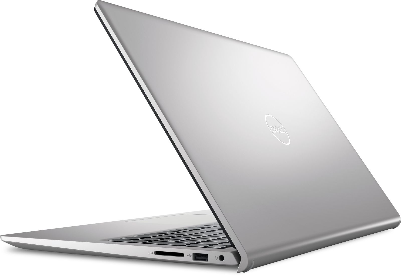 Laptop Dell argento, parzialmente aperto, mostra tastiera e porte.