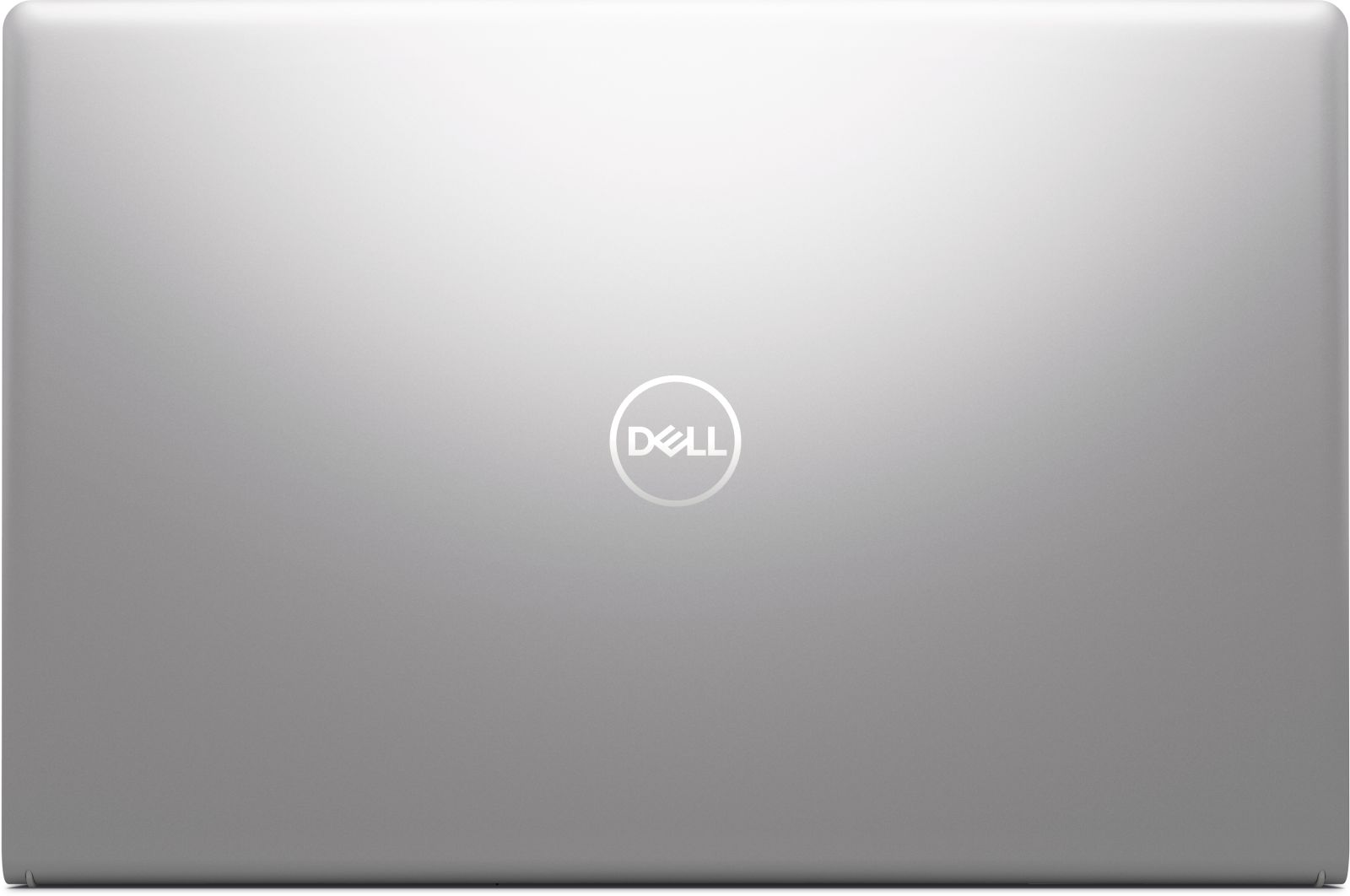 Laptop Dell argentato chiuso con logo al centro.