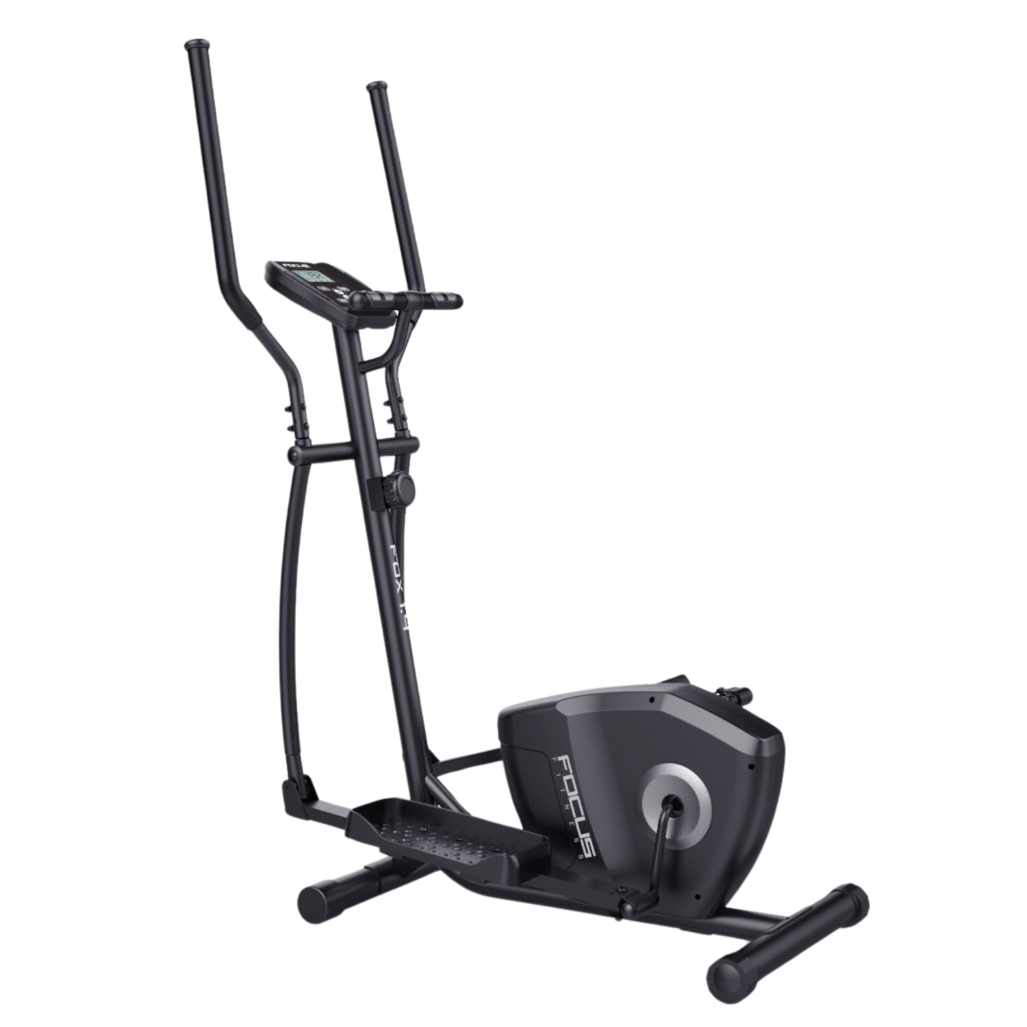 Zwarte crosstrainer met display en handgrepen.