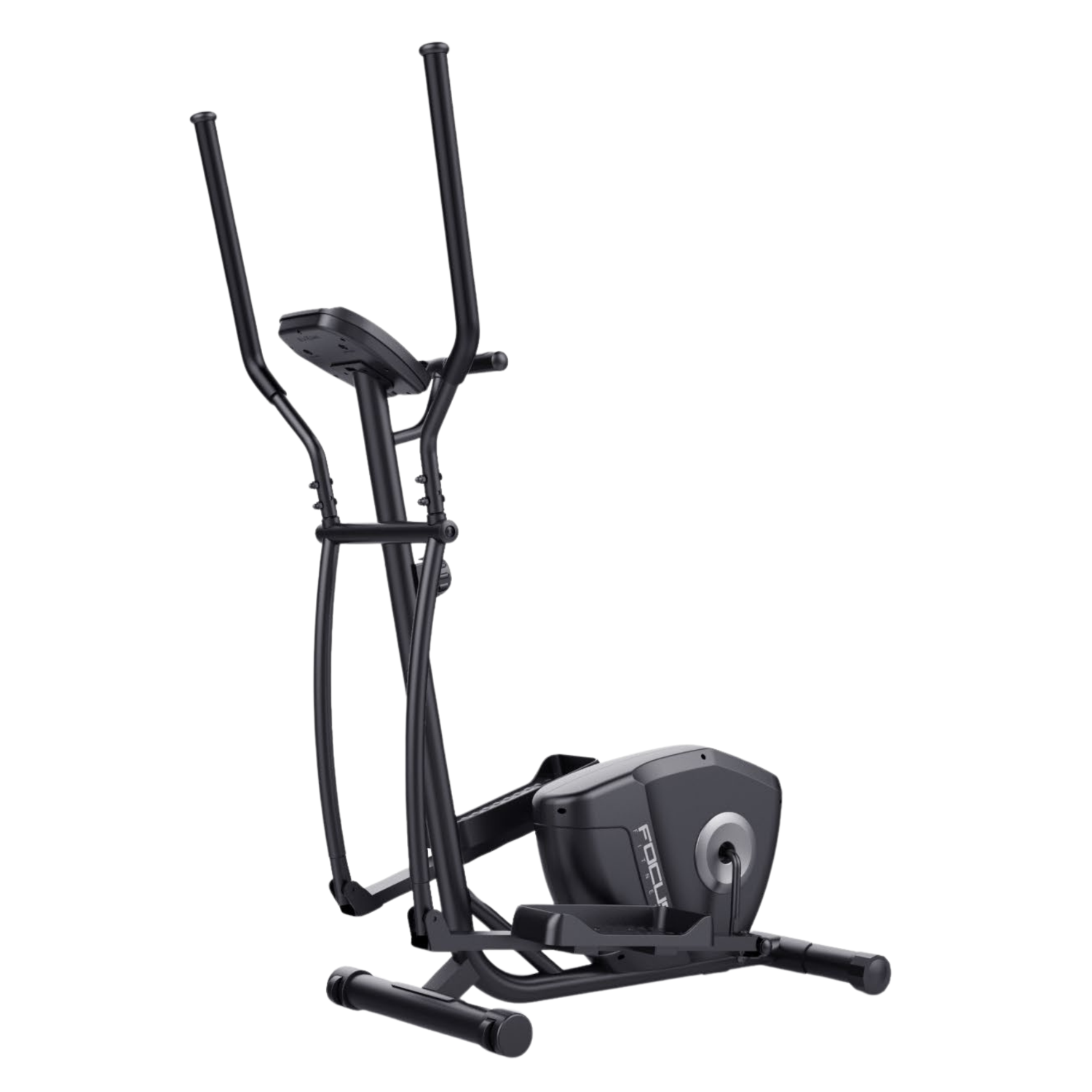 Een zwarte crosstrainer voor thuisoefeningen met handgrepen en pedalen.