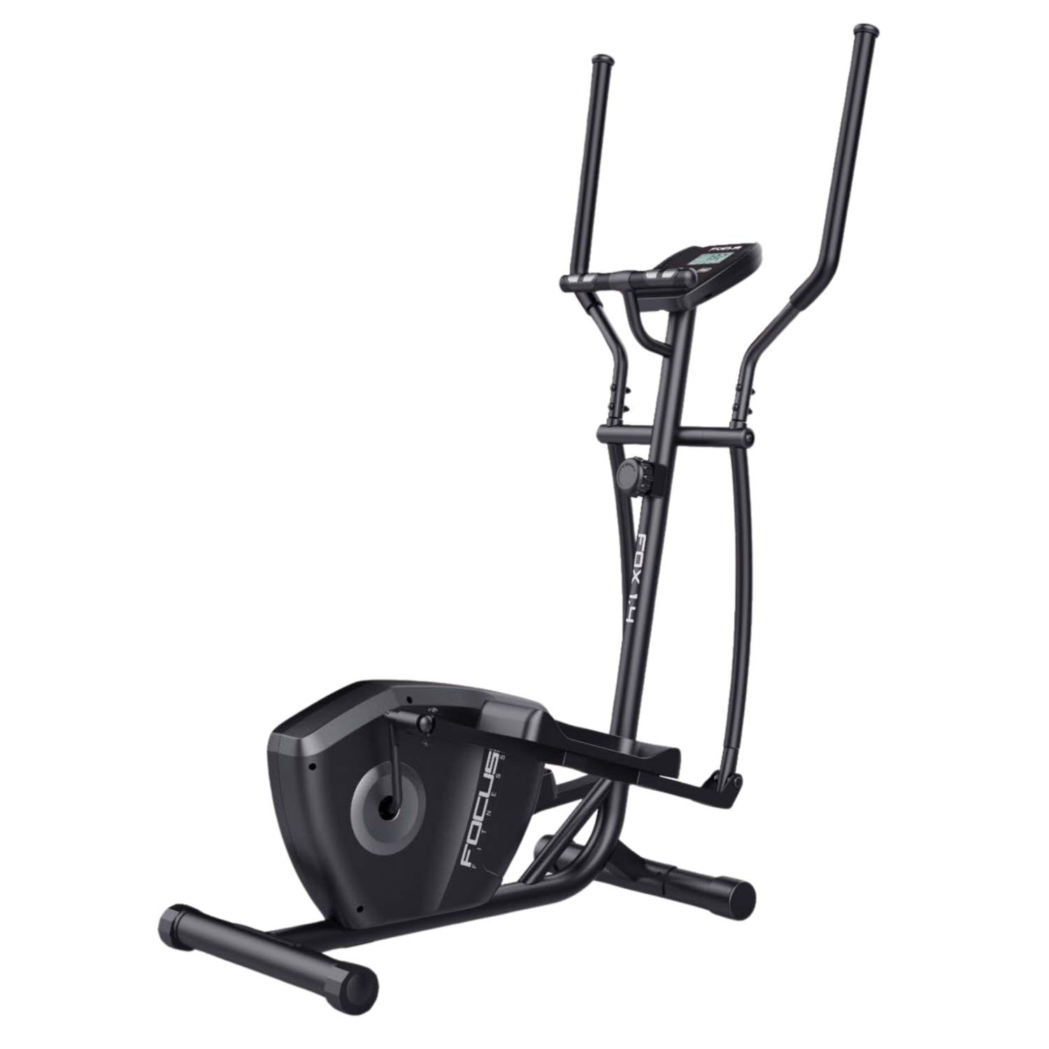 Zwarte crosstrainer met handvatten, display en pedalen op witte achtergrond.
