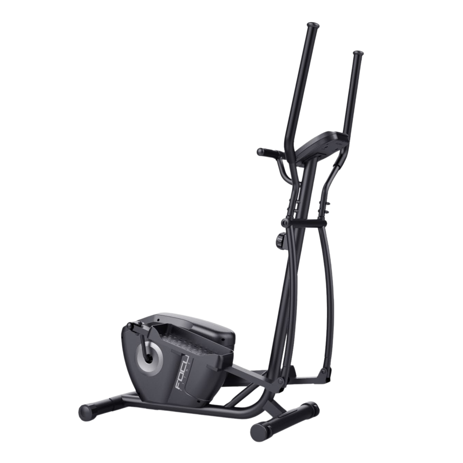 Een zwarte crosstrainer met handgrepen en voetpedalen op een witte achtergrond.