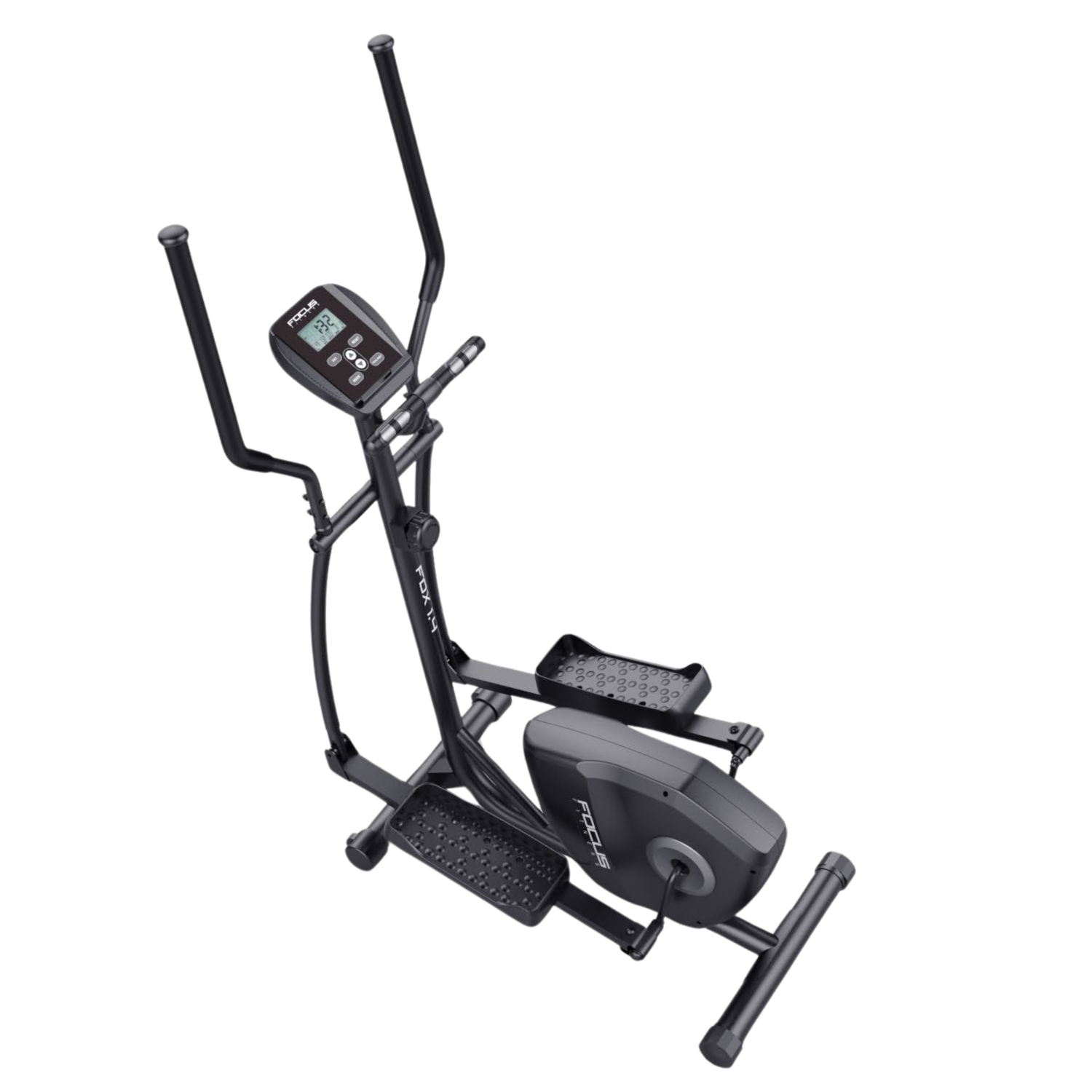 Zwarte elliptische hometrainer met digitaal display en voetpedalen.