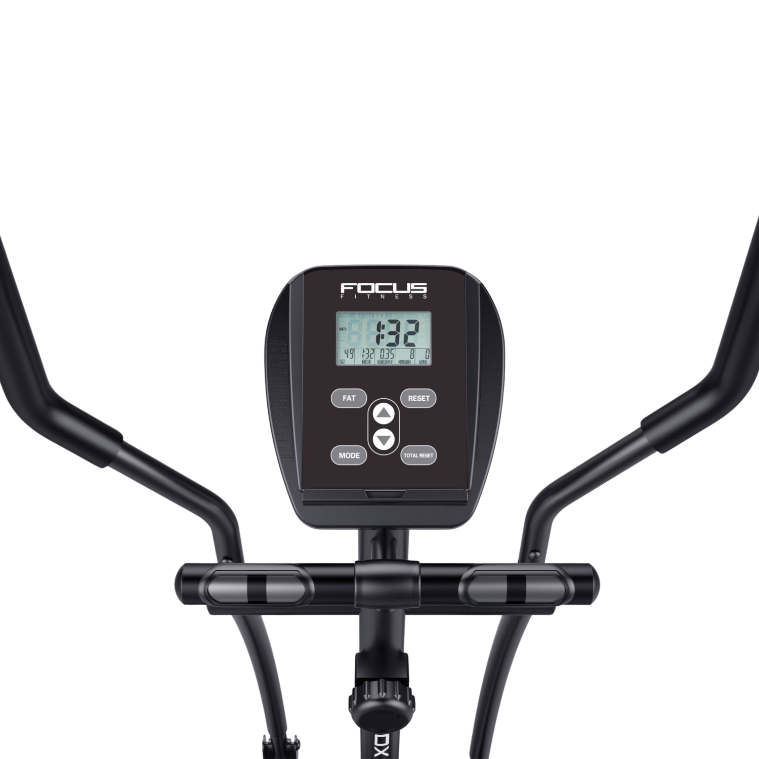 Het bedieningspaneel van een zwarte crosstrainer met digitaal display en knoppen.