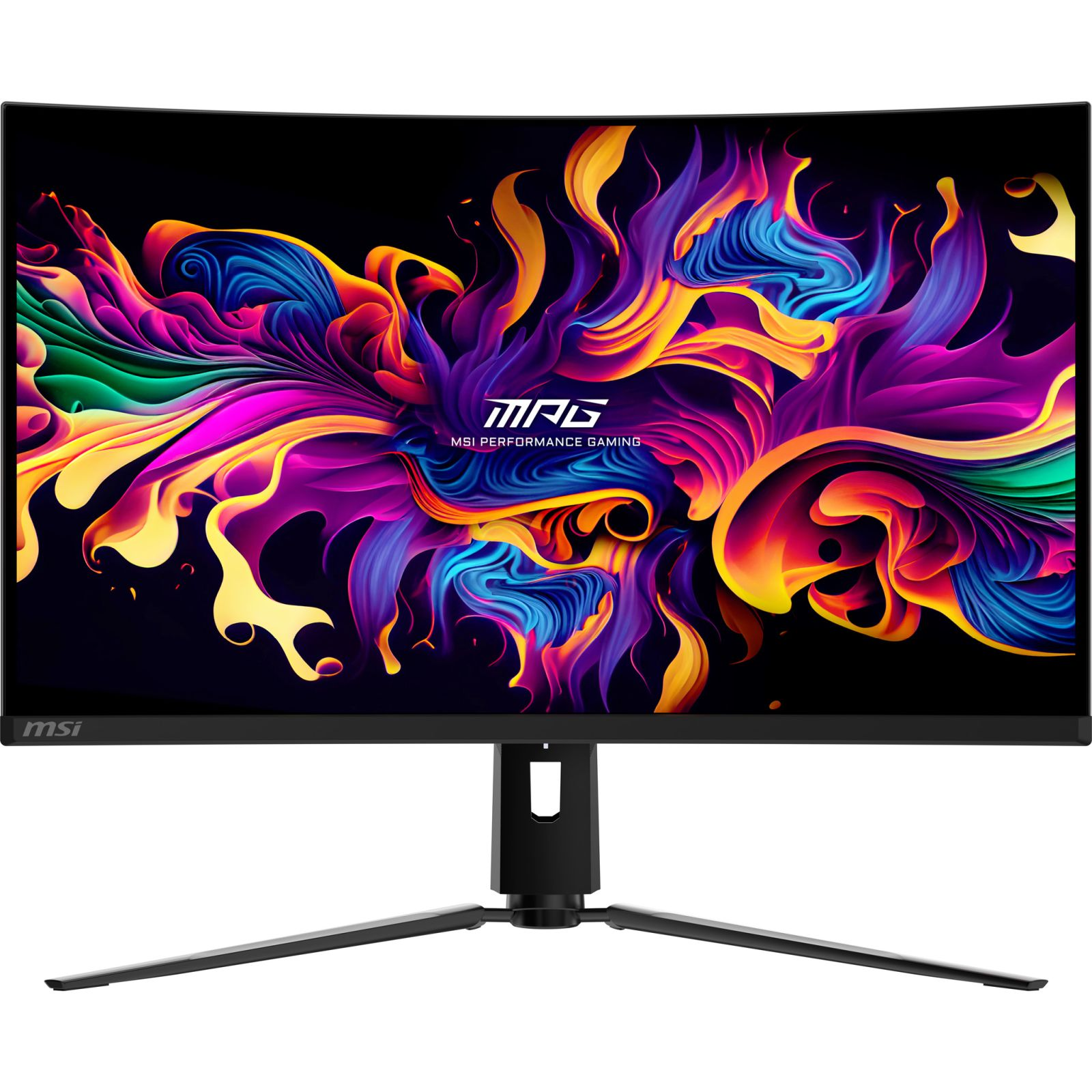 Un monitor curvo da gaming con uno sfondo astratto e vibrante.