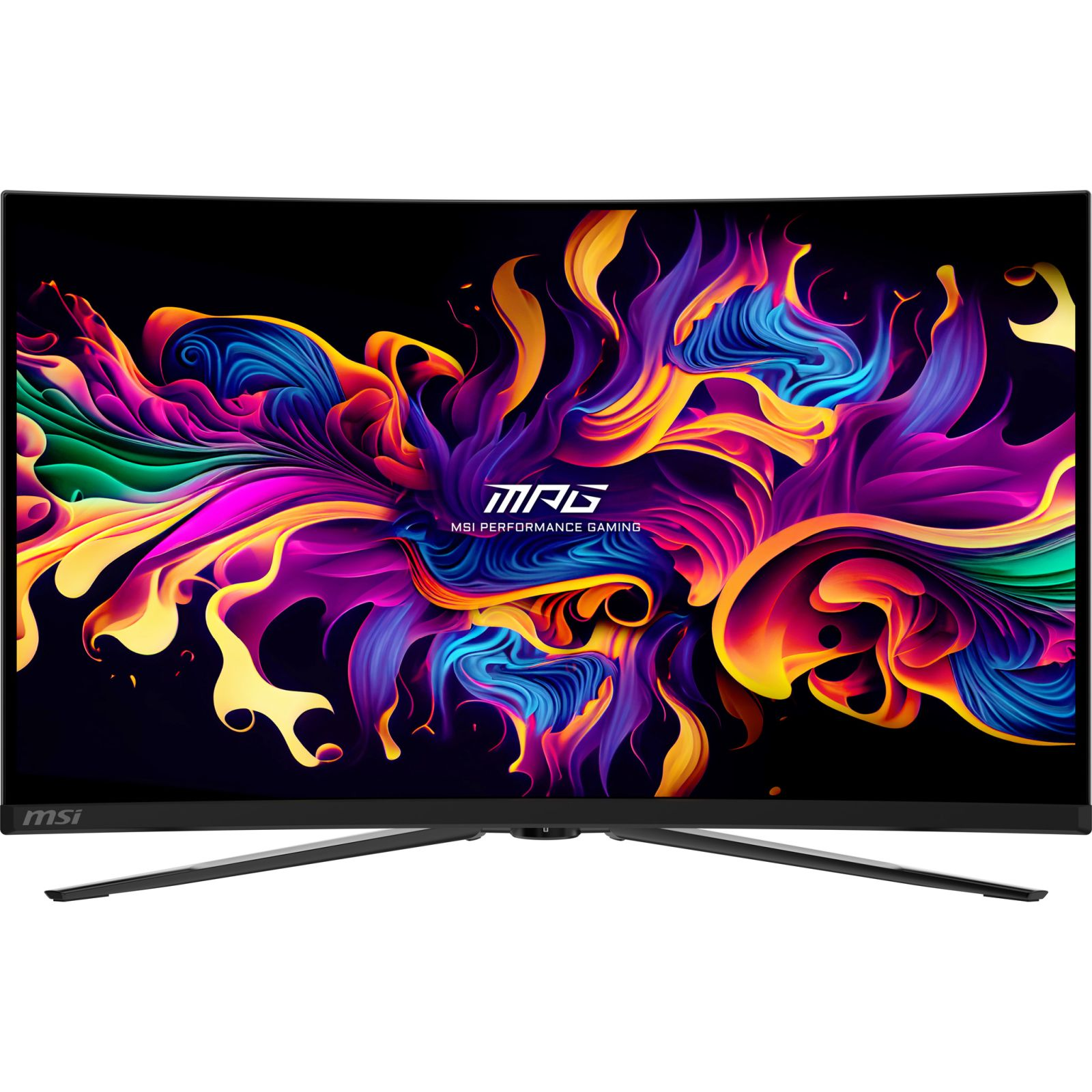 Un monitor da gioco MSI curvo mostra un motivo astratto colorato su sfondo nero.