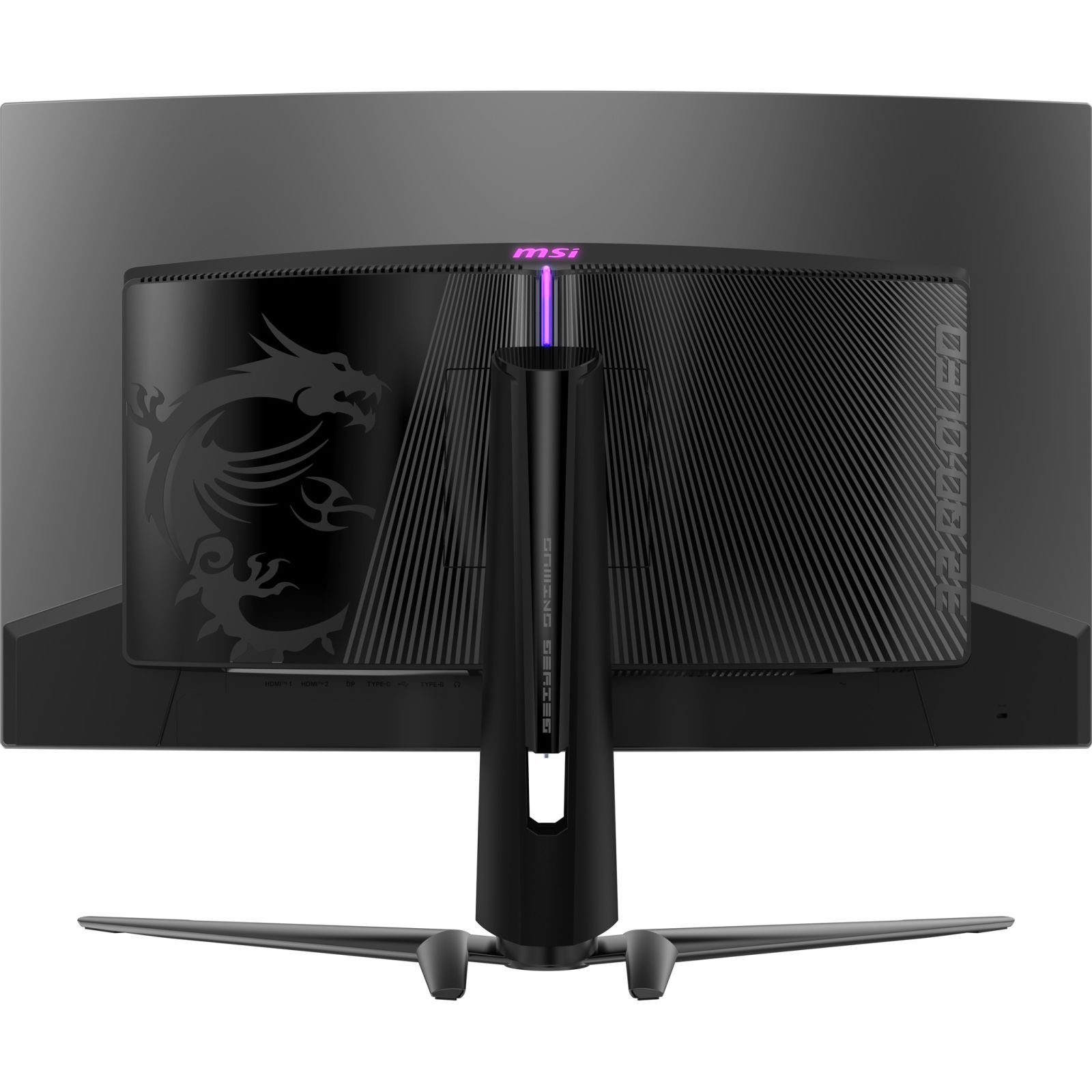 Retro monitor MSI nero con logo drago, supporto e porte. Striscia luminosa viola.
