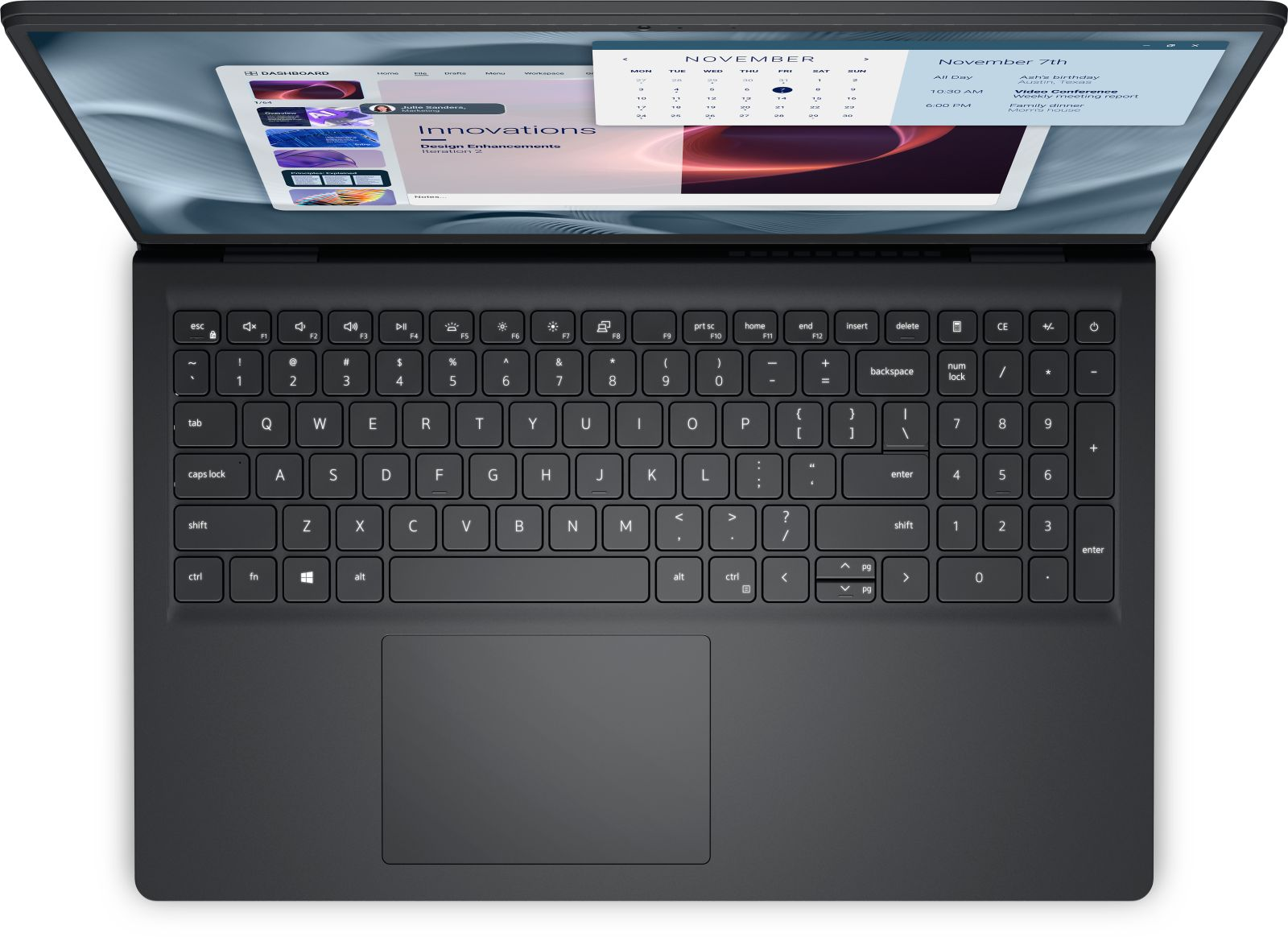 Otwarty laptop wyświetlający kalendarz i notatki na ekranie.