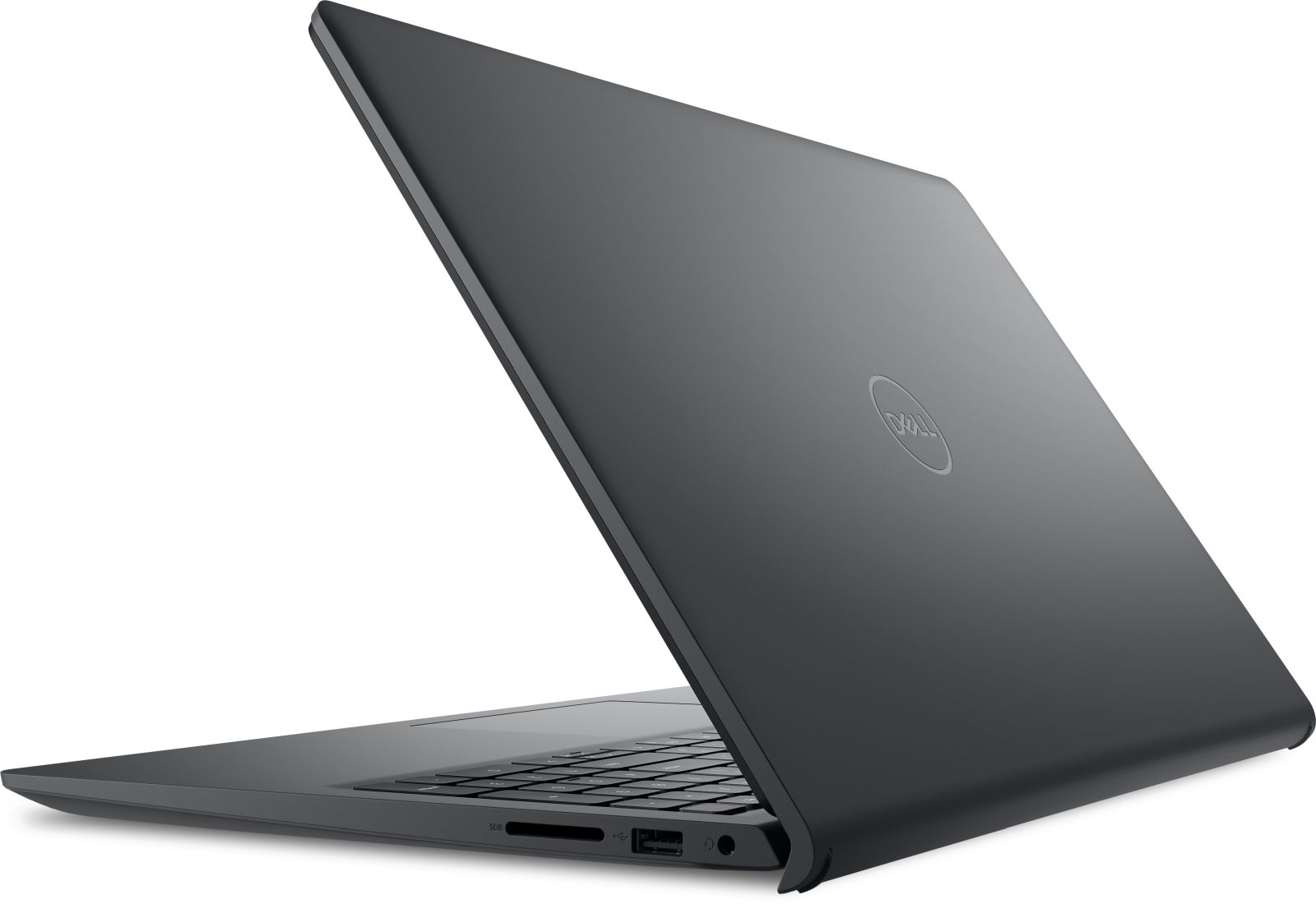 Szary laptop Dell z otwartą pokrywą, widoczna klawiatura i porty. Białe tło.