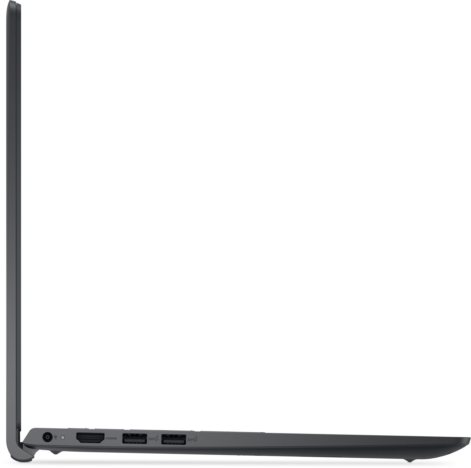Widok z boku szarego laptopa pokazujący porty takie jak HDMI i USB.