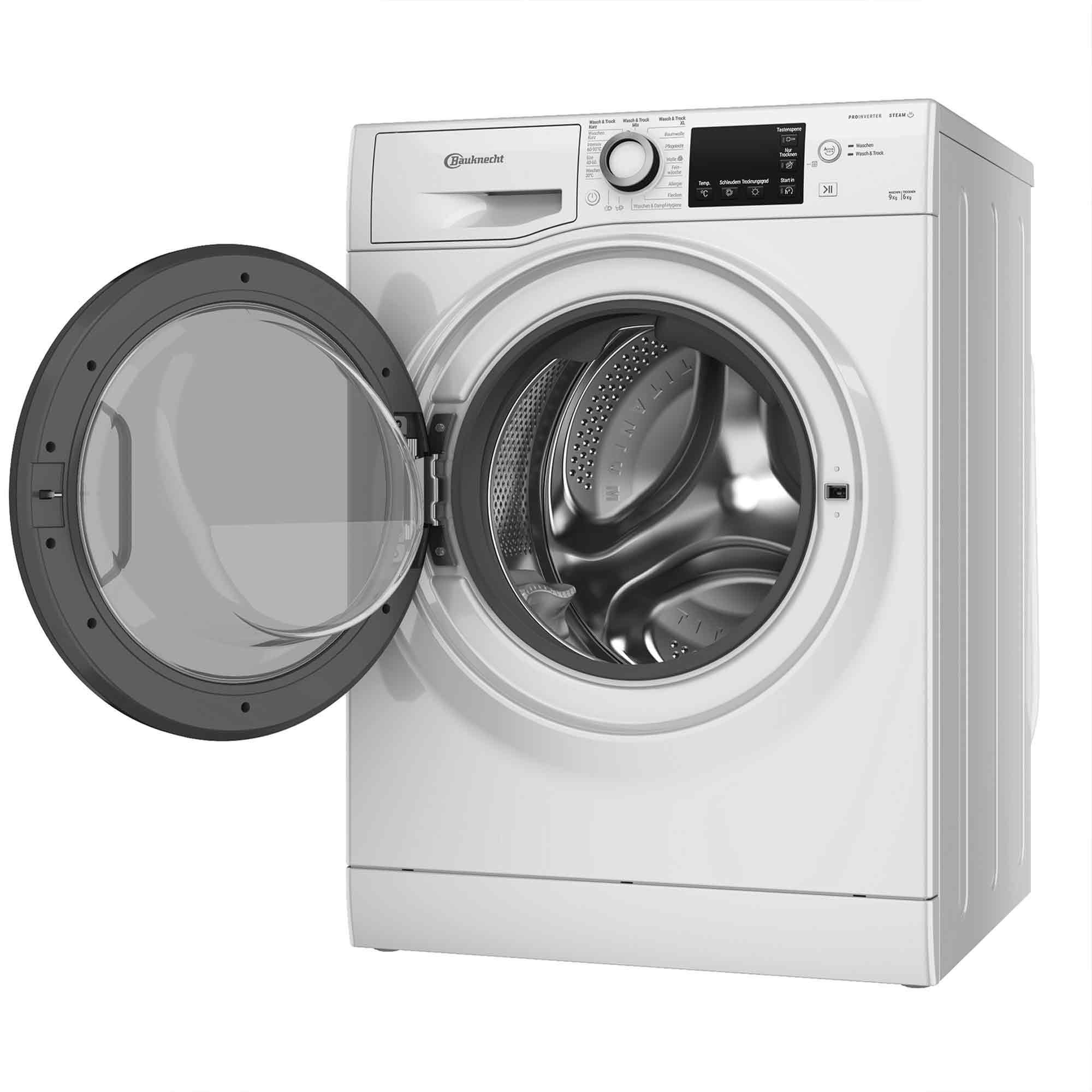 Eine weiße Bauknecht Waschmaschine mit geöffneter Tür und Edelstahl Trommel.