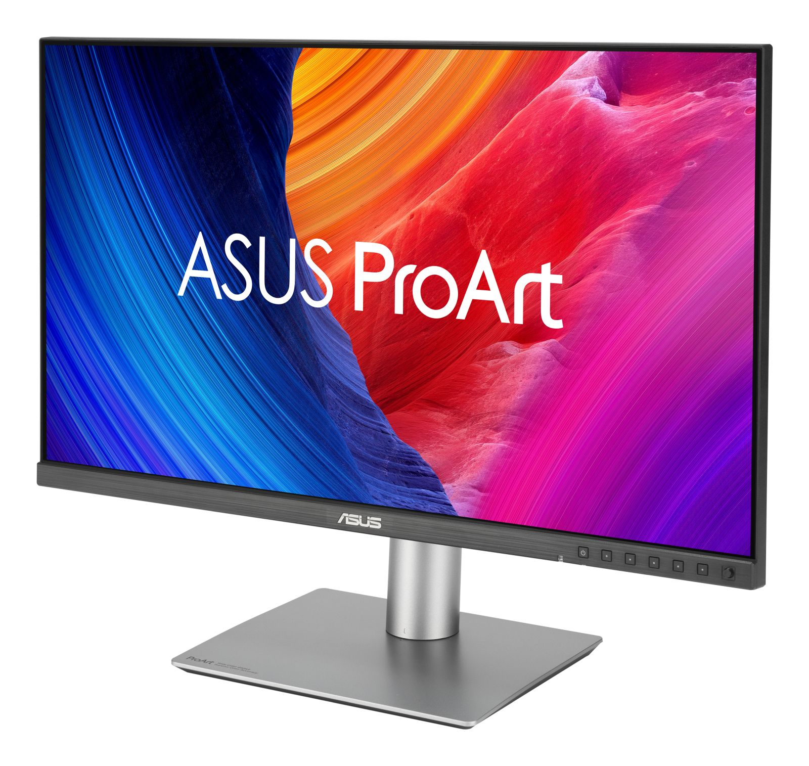 Monitor ASUS ProArt con sfondo astratto blu e rosso sullo schermo.