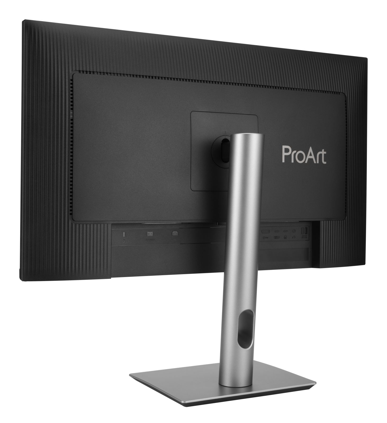 Il retro di un monitor nero con supporto argentato e porte.